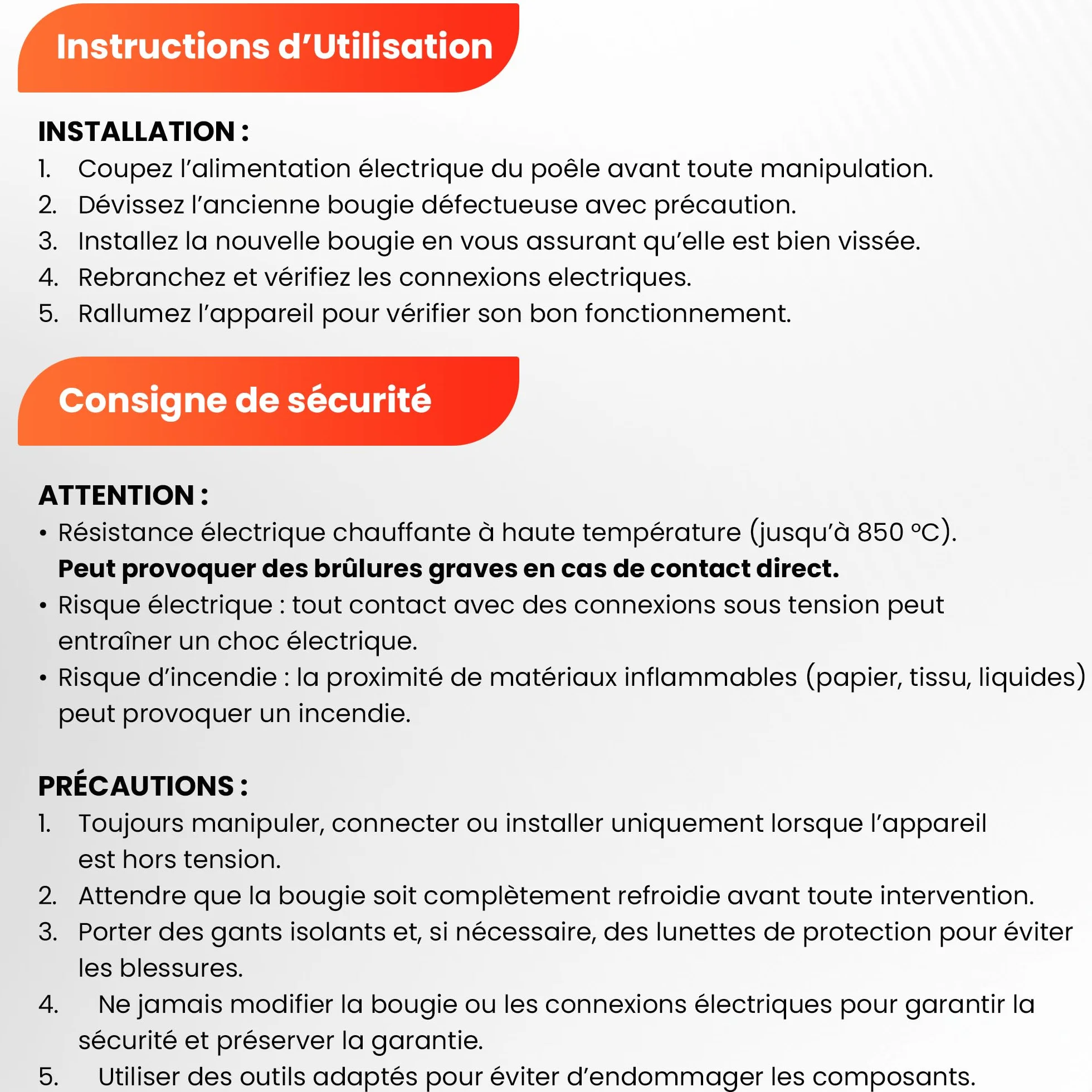 Bougie d'allumage 300 W 140 mm 9,9 mm filetage 3/8 2 cosses mâles 6,3 mm pour poêle à granulés