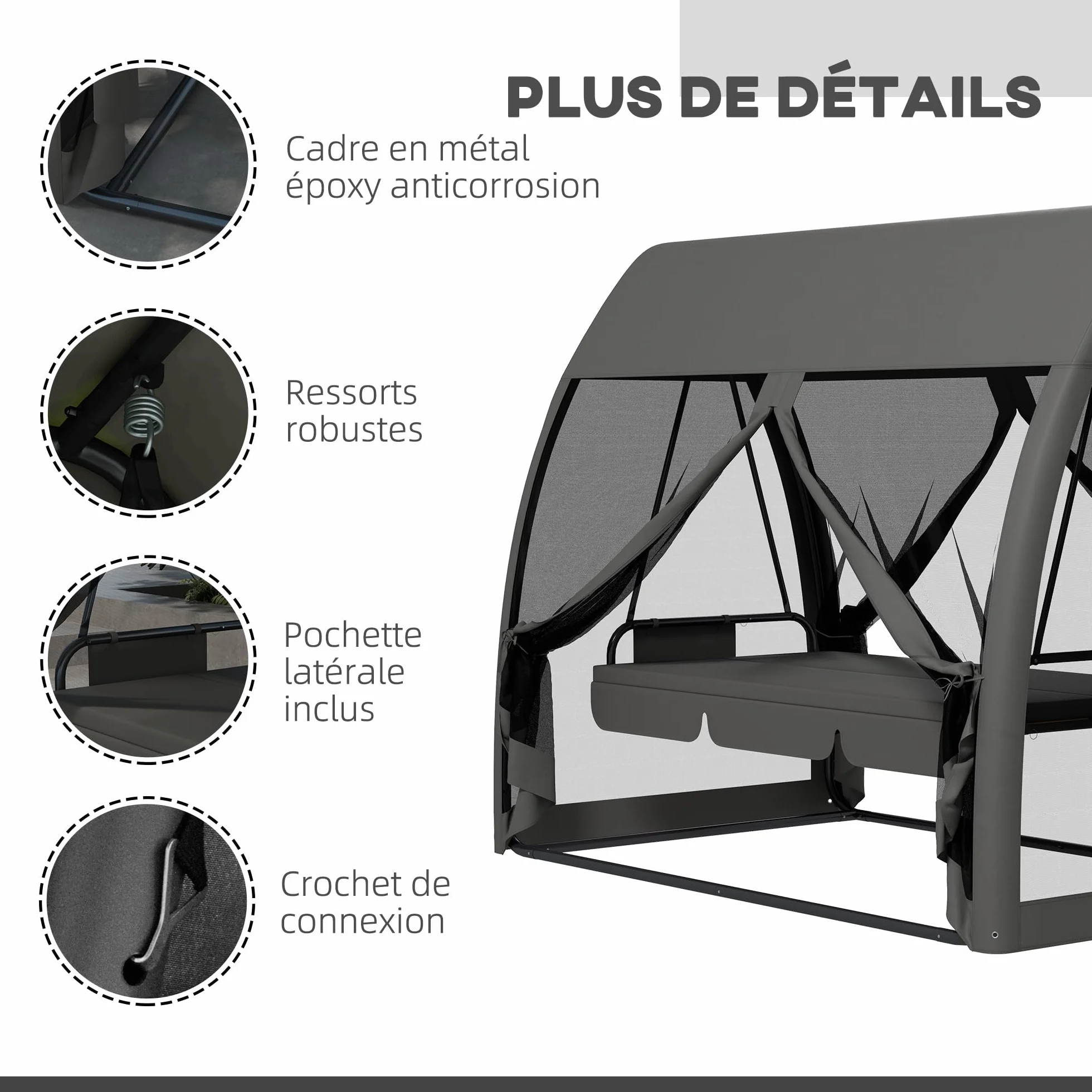 Outsunny Balancelle de Jardin Convertible 3 Places avec Auvent et Coussins, Gris