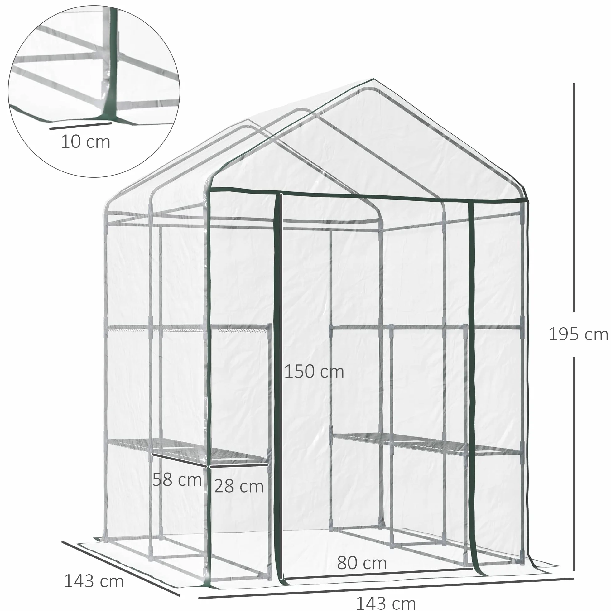 Outsunny Serre de Jardin 3 Niveaux avec étagères, Châssis en Acier, Porte zippée Enroulable, 143x143x195cm