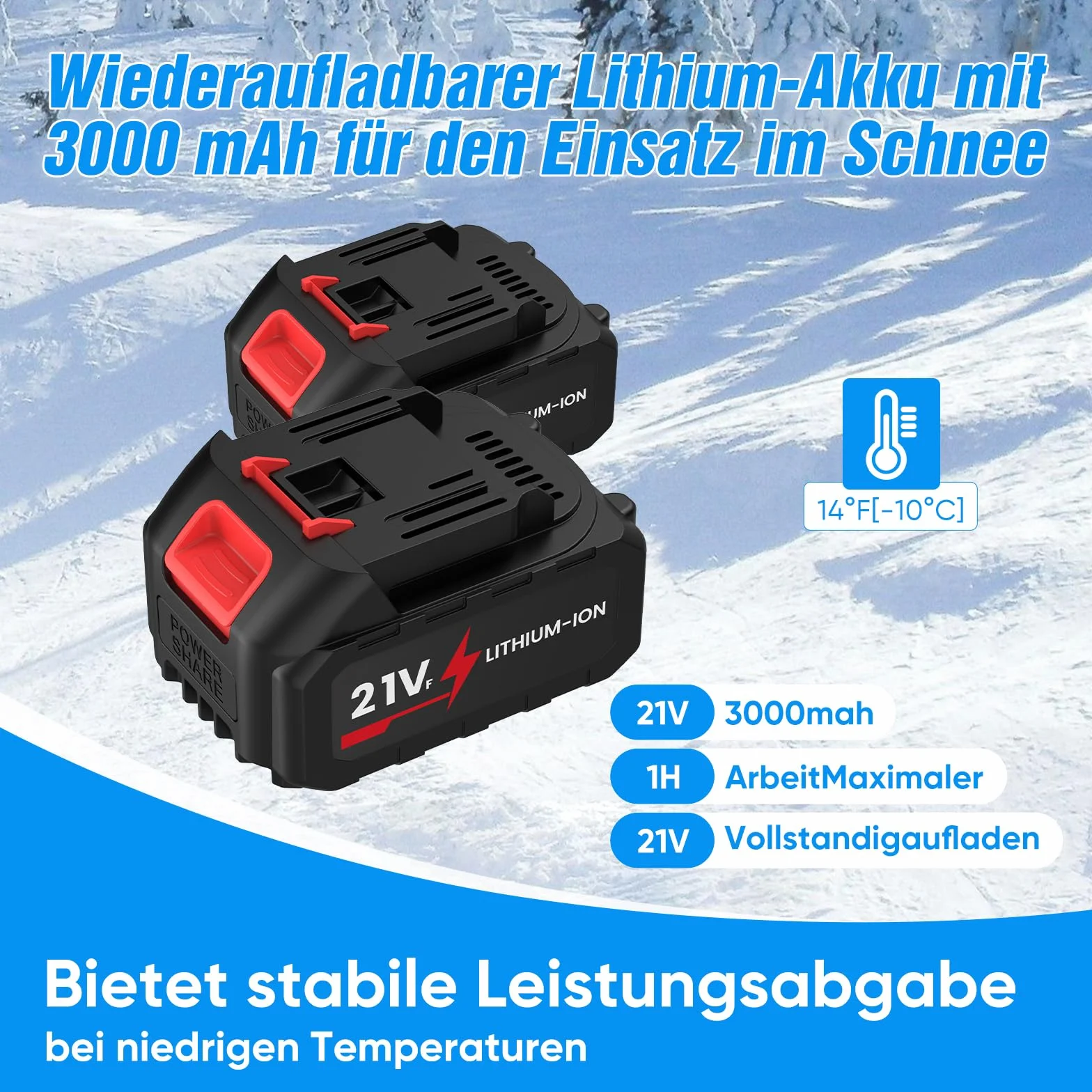 Fraise à neige sans fil 40 cm, 2 batteries 3000 mAh, tête rotative 45°, portée 10 m