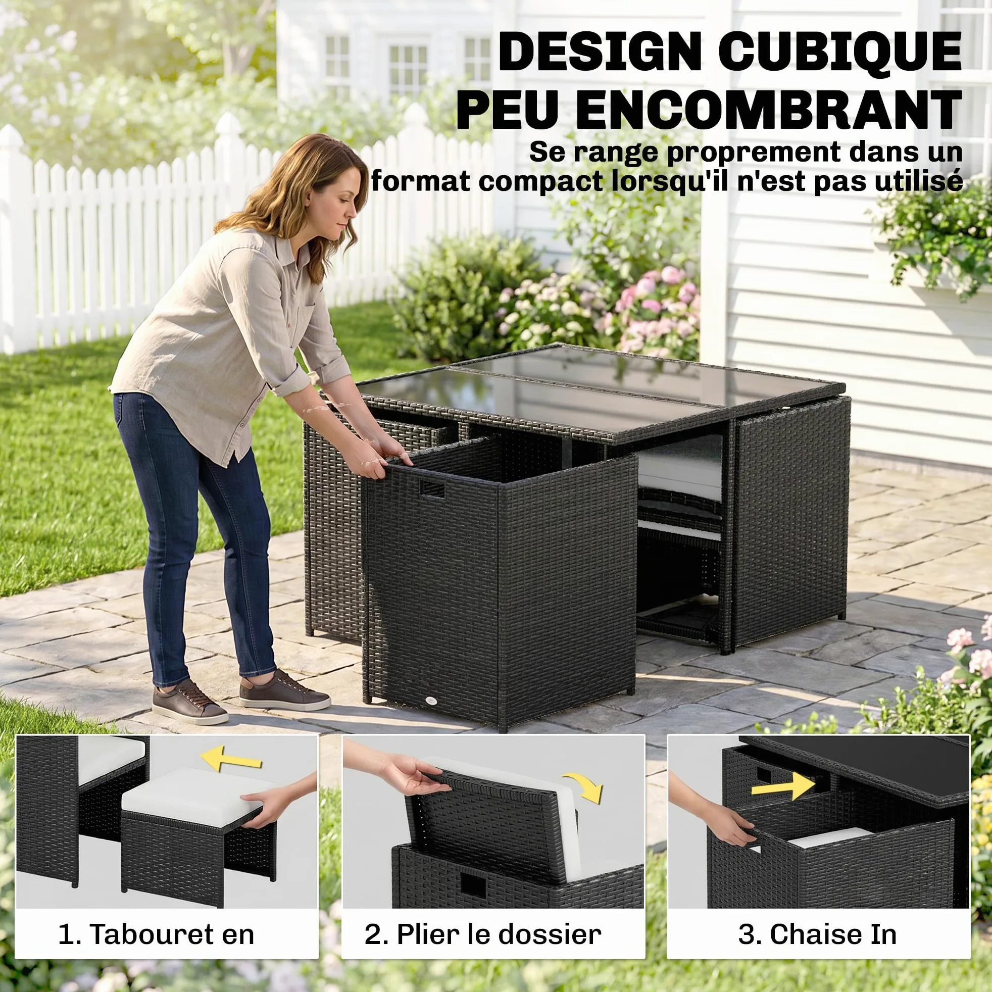 Outsunny Ensemble Salon de Jardin encastrable 8 Personnes 9 pièces résine tressée 4 Fils Imitation rotin Noir Coussins déhoussables crème