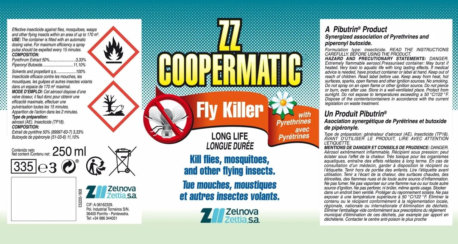 Lot de 4 Recharges ZZ Coopermatic fly killer 250 ml Formule à base de pyrèthre naturel