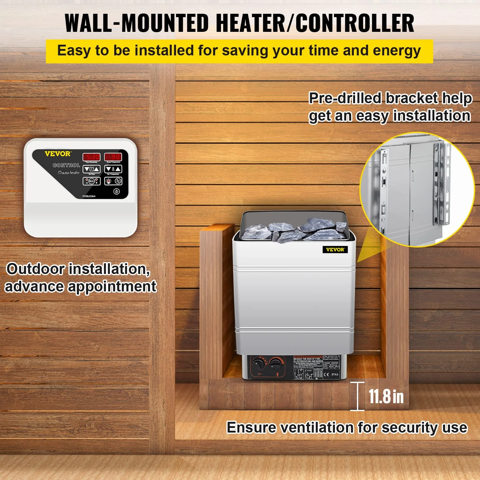 FlowerW Poêle pour sauna électrique 9 kW 380-415 V avec commande externe et capteur 3M