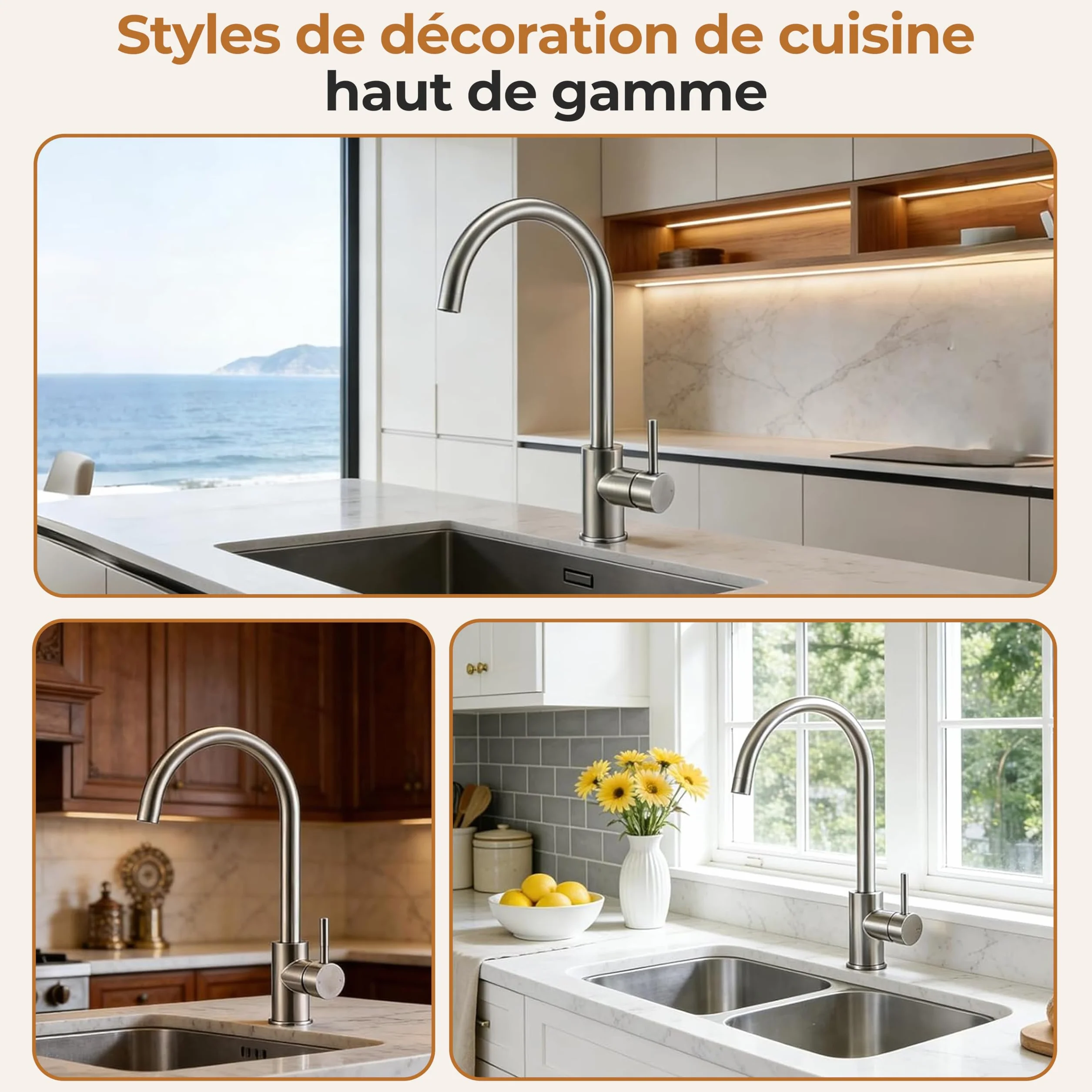 MELTA Mitigeur Évier Arc Élevé Acier Inoxydable Robinet Cuisine Pivotant 360° Levier Unique Chrome Poli