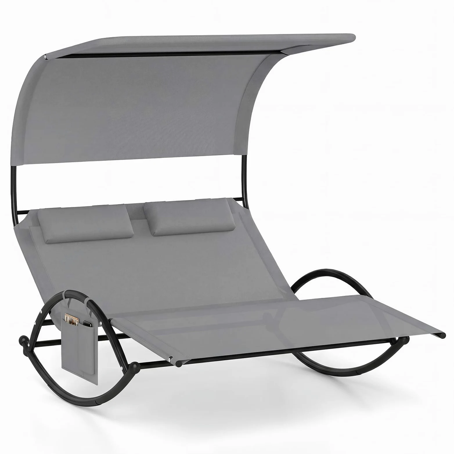 GIANTEX Chaise Longue de Jardin à Bascule pour 2 Personne, Poche Latérale, Transat Double à Bascule, Charge 300 kg, Auvent Pare-Soleil, 2 Oreillers Amovibles, Cadre en Métal, pour Jardin, Balcon, Gris