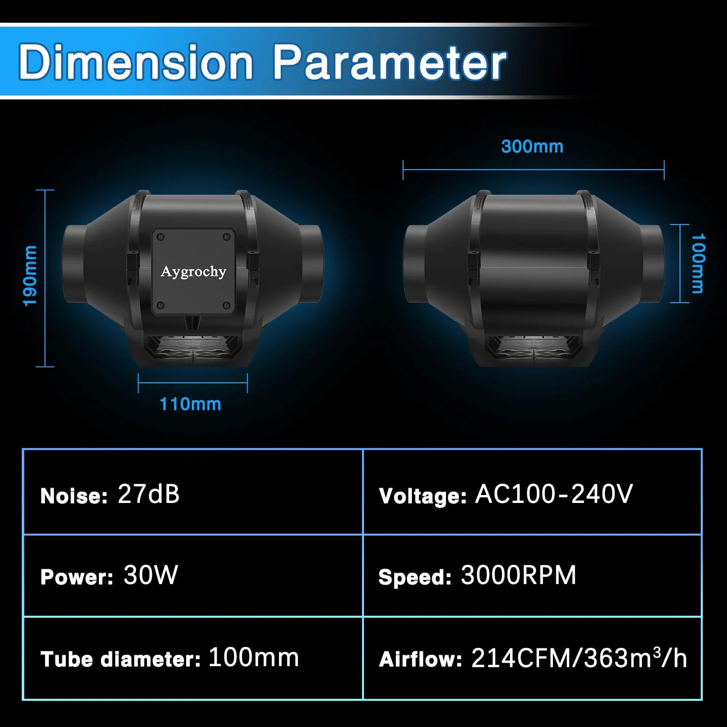 Aygrochy 100mm Extracteur d'Air EC triphasé 3000 tr/min pour Booster Tentes de Culture