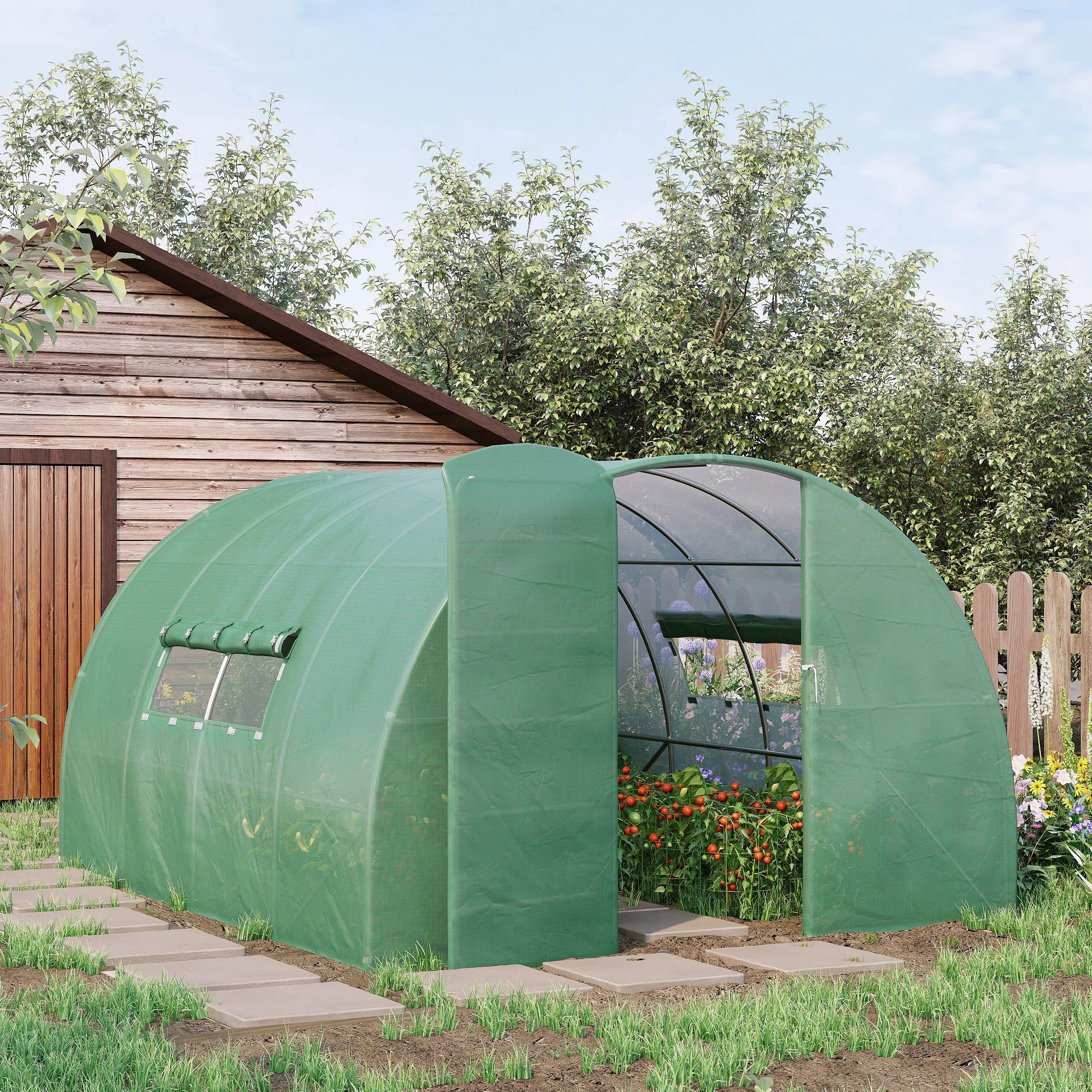 Outsunny Serre de Jardin Tunnel 12 m² 4L x 3l x 2H m Acier galvanisé renforcé + PE Haute densité fenêtres Porte Vert