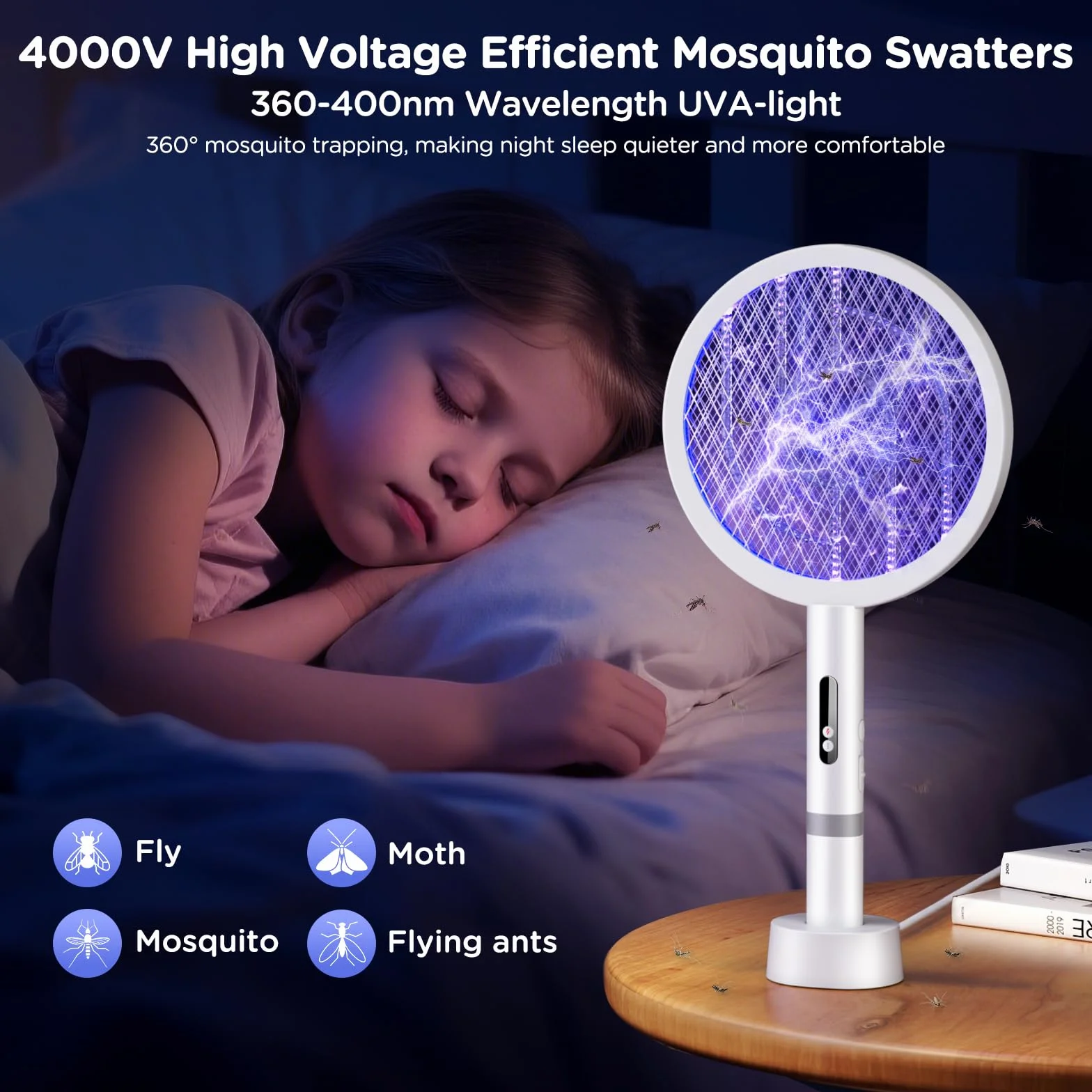 2 in1 Raquette Electrique Insectes, 4000V Puissant Raquette Moustique Electrique, 1800mAh USB Rechargeable Tapette à Mouche avec 3 Couches Protection en Maille pour Intérieur Extérieur