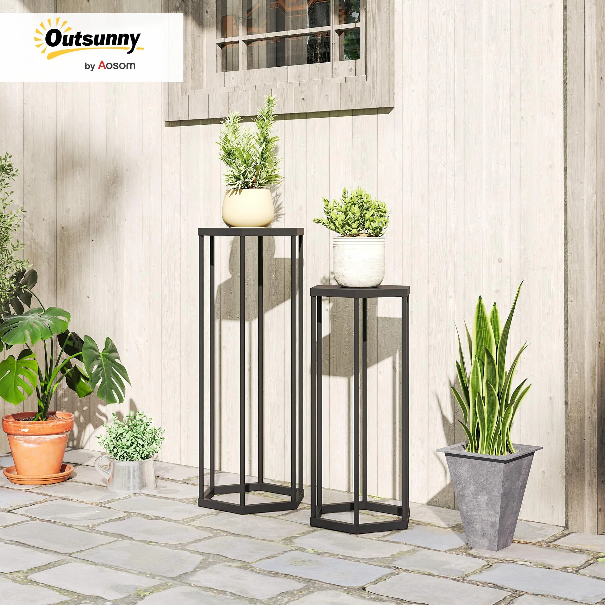 Outsunny Lot de 2 supports pour plantes hexagonal en métal noir, porte-plante haut intérieur extérieur