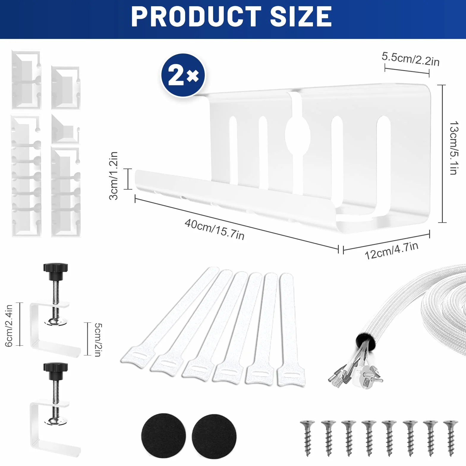 Lannvan 2-Pack Cable Management Set 40CM Blanc Chemins de Câbles sans perçage