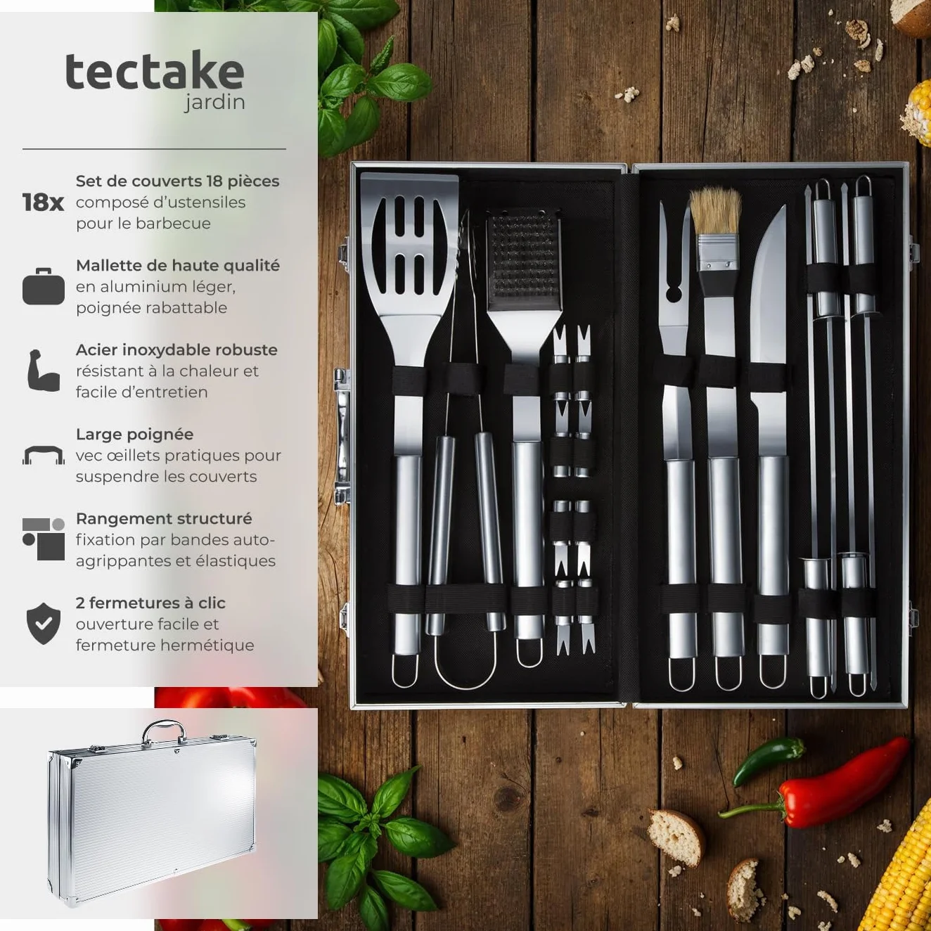 Malette Accessoires Barbecue 18 pièces Acier Inoxydable Coffret Aluminium Kit Grill Plancha Brasero BBQ Ustensiles