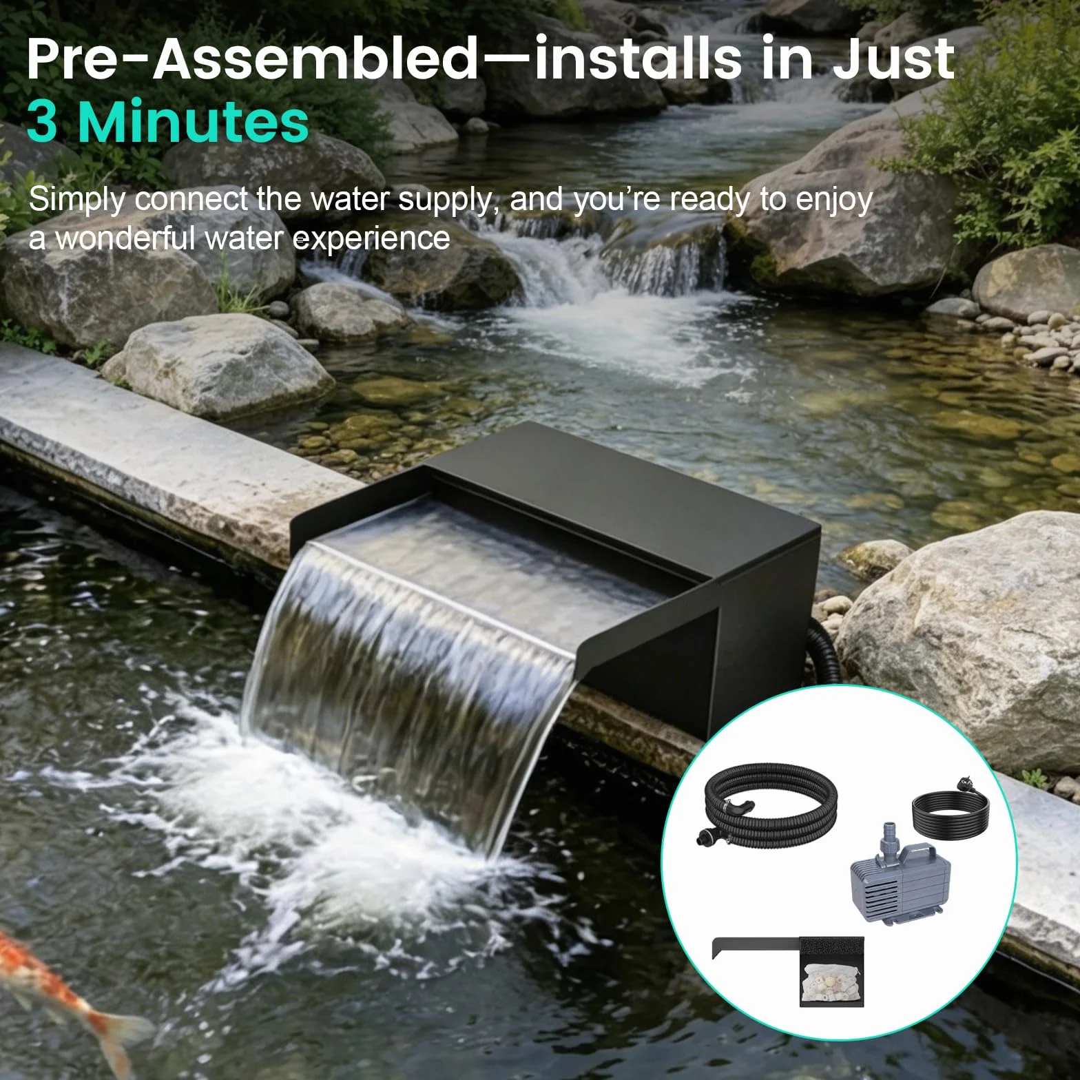 Cascade de bassin en acier inoxydable 20 cm avec pompe 2500 l/h et filtre, tuyau 3 m résistant au gel