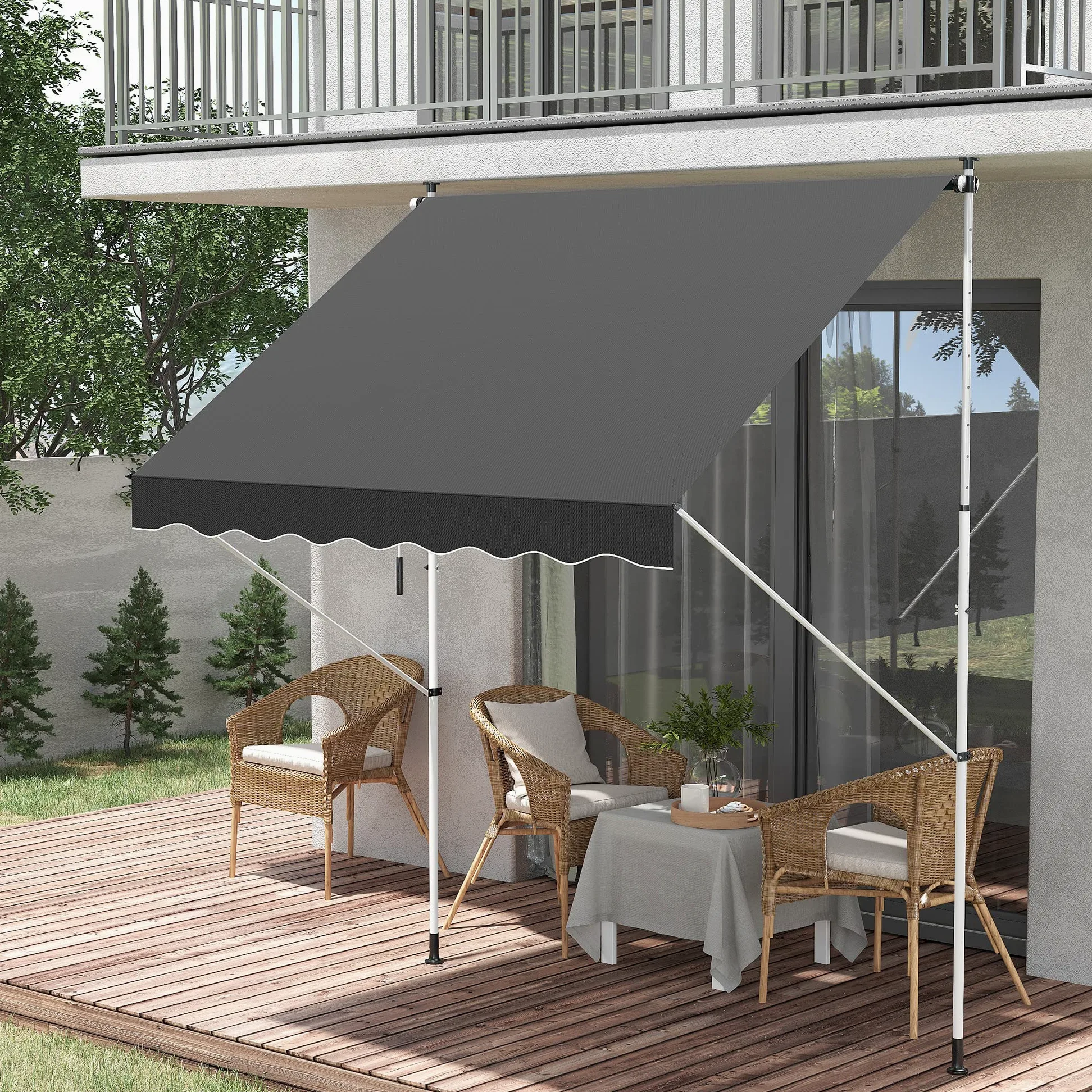 Outsunny Store banne Manuel rétractable 2L x 1,5l x 1,7-2,8H m Inclinaison réglable Installation Rapide Store banne sans perçage pour Balcon métal Aluminium Polyester Gris
