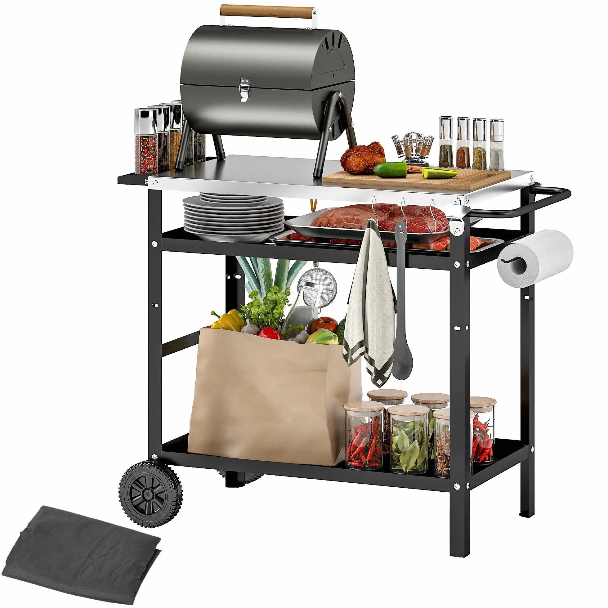 Outsunny Desserte Plancha Extérieure Acier Inoxydable Chariot Barbecue 100x52x80cm Noir