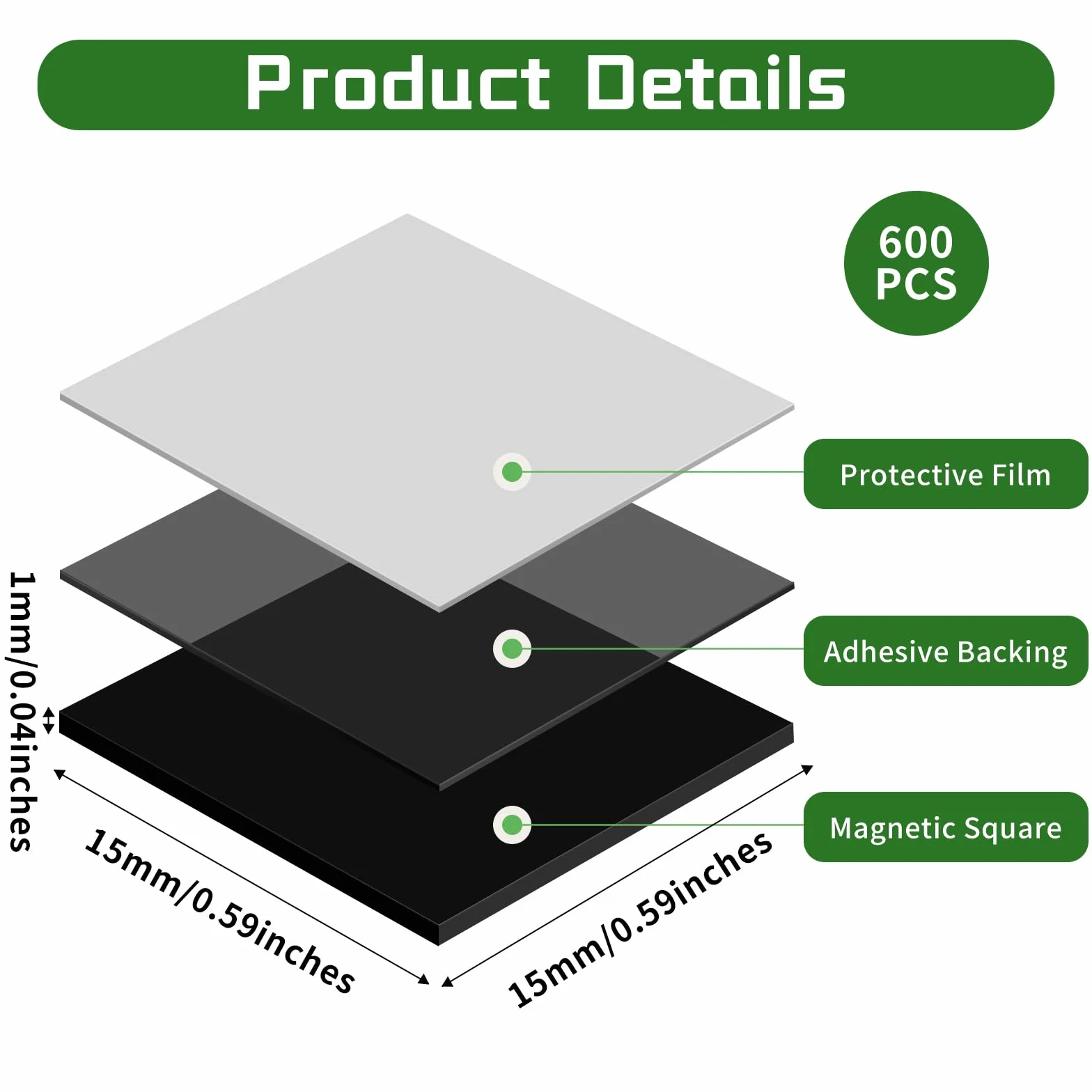 600Pcs Carrés Magnétiques Autocollants Découpable 15x15x1mm Feuilles Magnétiques Collantes Flexible avec Support Adhésif