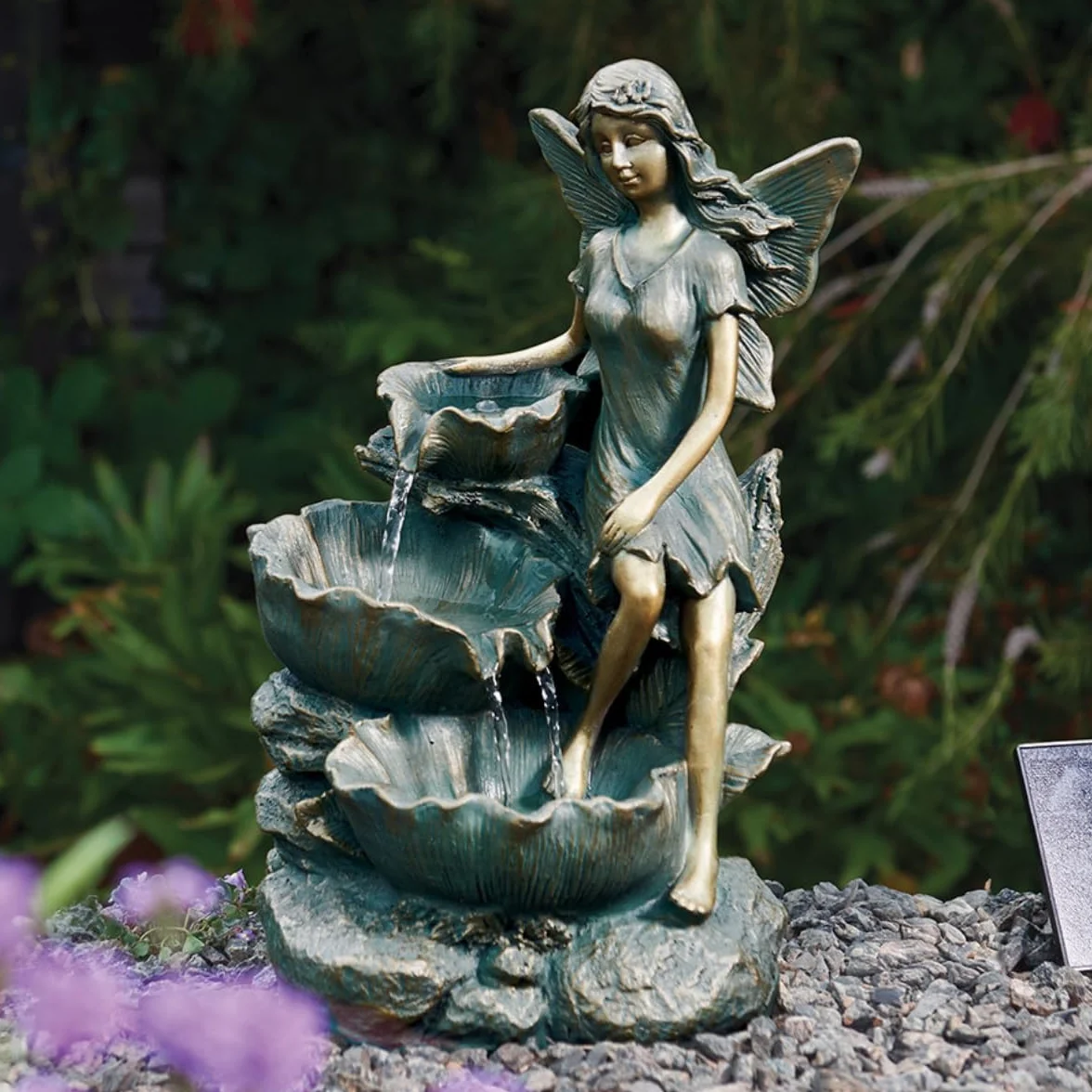 Festive Lights Fontaine LED solaire de 41 cm en forme de fée avec cascade, fontaine solaire pour jardin, intérieur et extérieur, fontaine solaire pour l’extérieur, fontaine de jardin en bronze