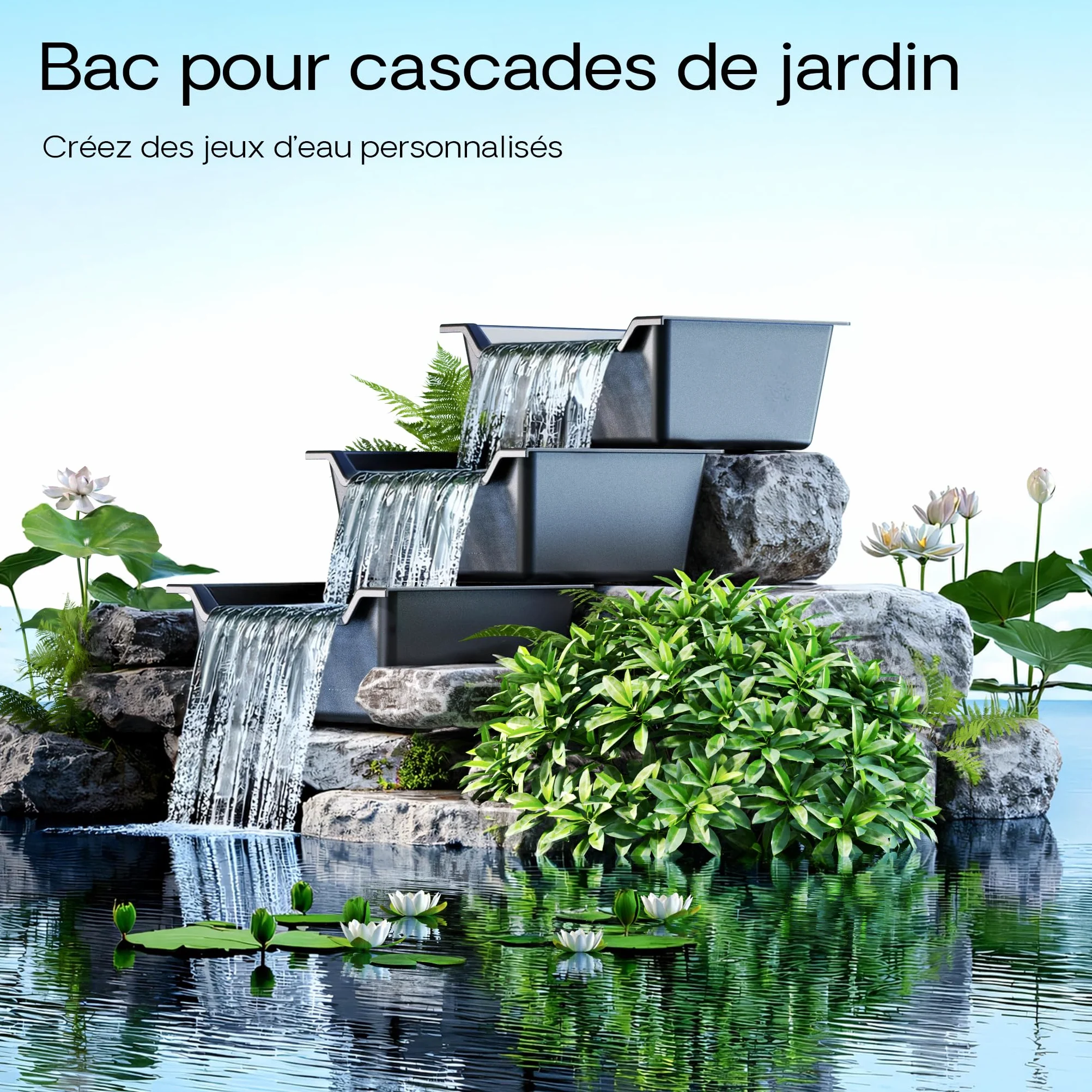 SunSun Bac pour Cascade ou Cours d’Eau en Matière Plastique renforcée de Fibre de Verre 60L