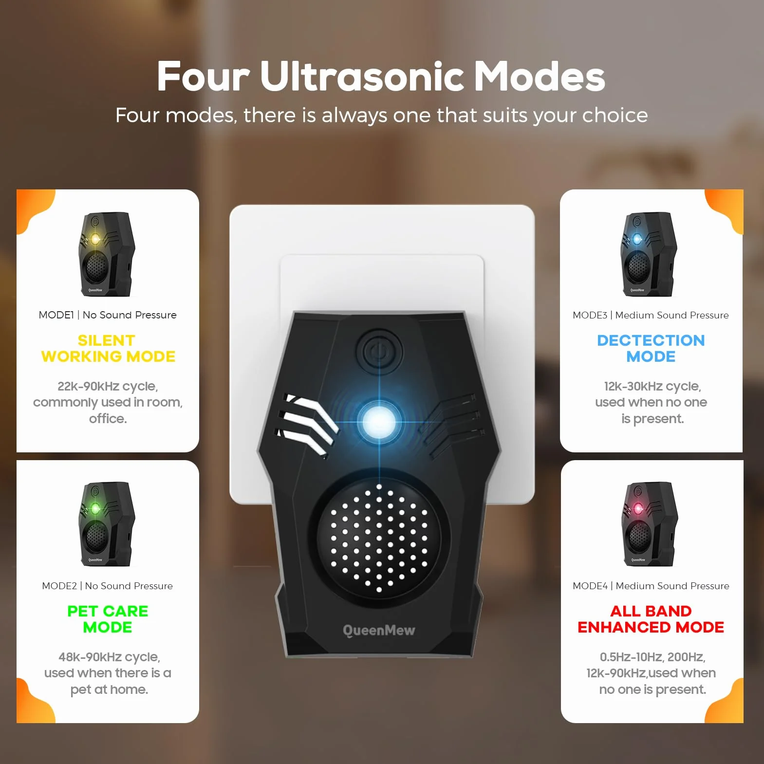 Ultrason Souris d'intérieur, Repulsif Souris à Brancher, 4 Modes et Deux Options d'alimentation Prise Anti Moustique, Anti Cafard Inoffensif pour Rats, Cafards, Insectes, Fourmis