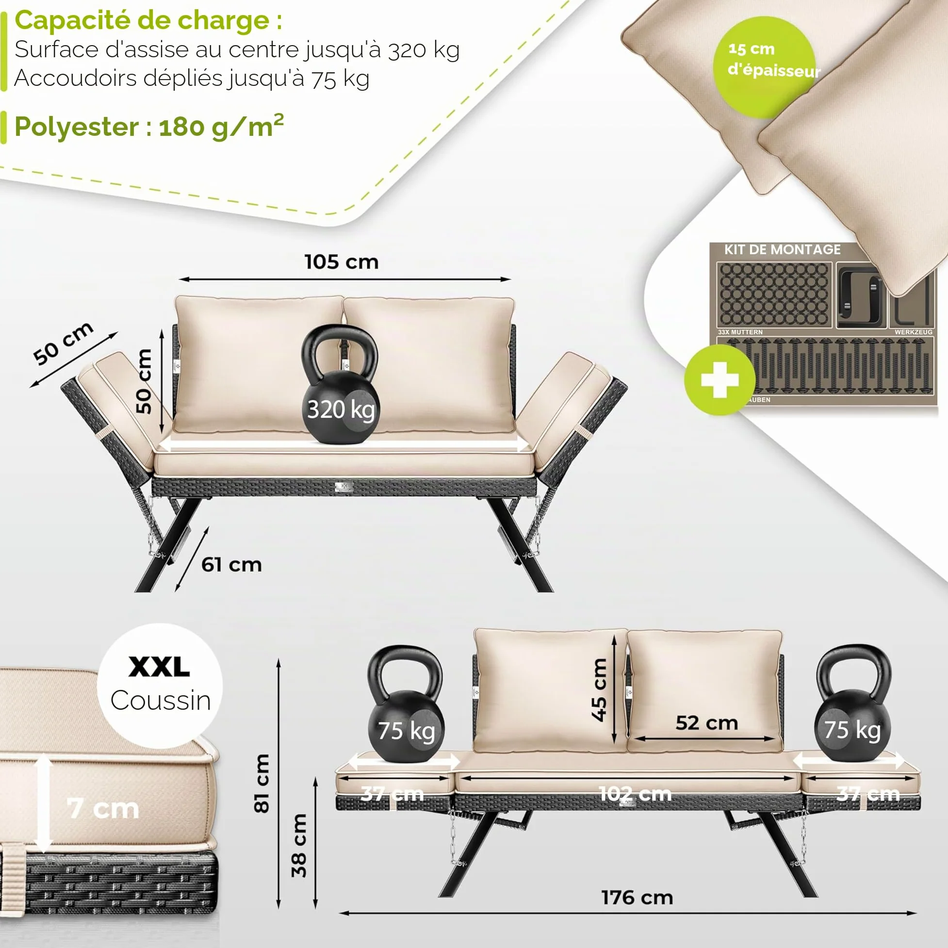 KESSER® Luna Banc de jardin en polyrotin avec fonction allongée, 4 en 1, résistant aux intempéries, canapé de balcon, canapé réglable, accoudoirs réglables, rembourrage extra épais