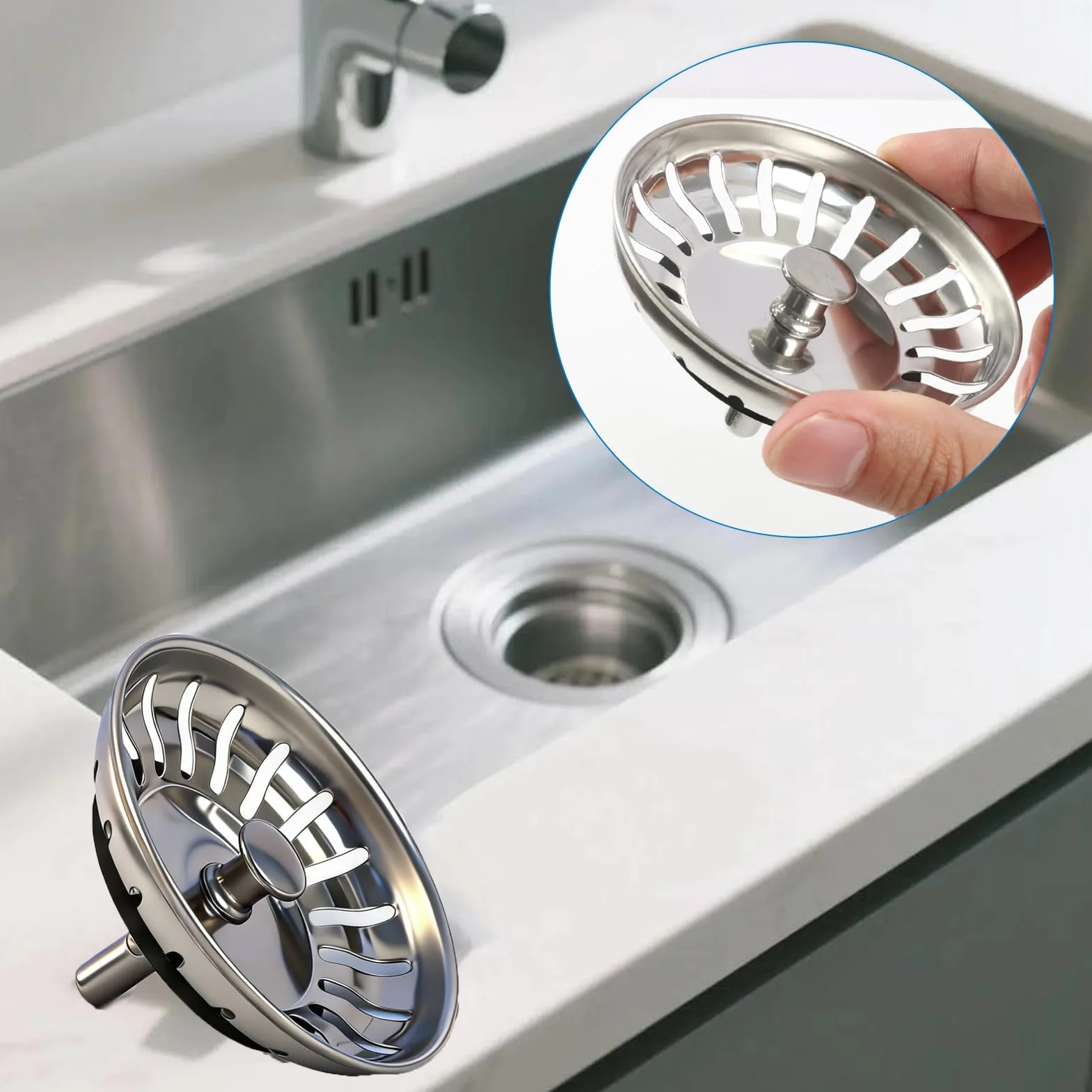 Bouchons Évier Cuisine 80mm INOX avec Grille, Filtre et Joints de Rechange