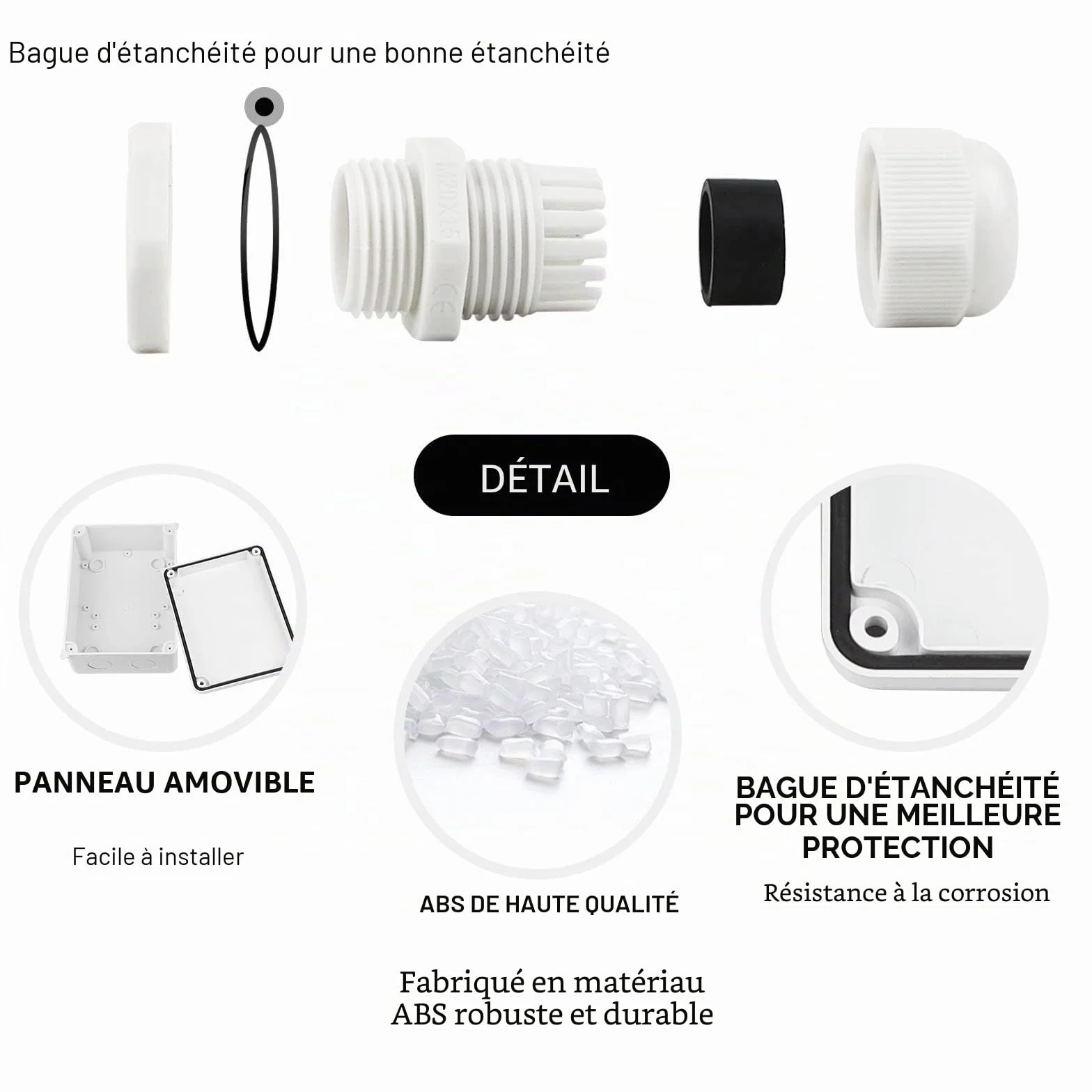 Boîte de Dérivation Étanche IP65 150x110x70mm Carrée Blanc avec Passe Cable Ø6-12 mm