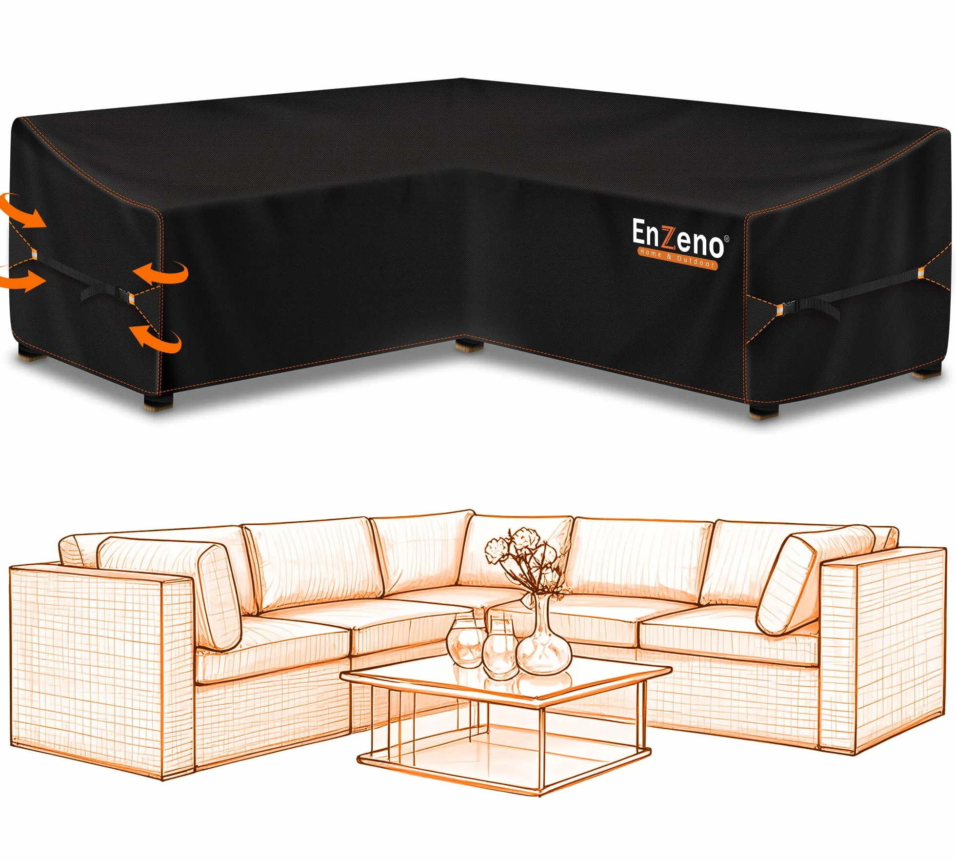 Enzeno Housse Protection Meubles Jardin Imperméable Coupe-Vent Canapé Angle Extérieur 255x255x87cm