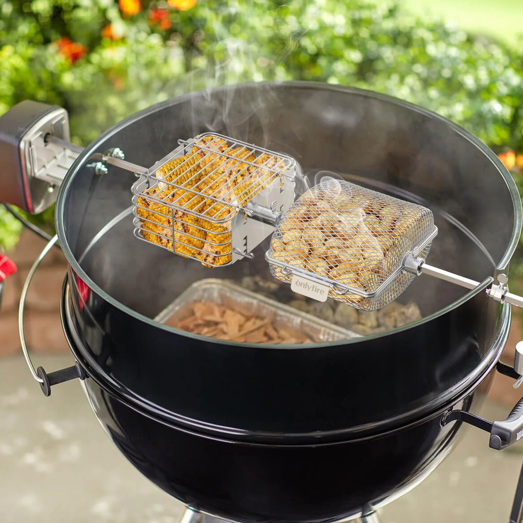 Onlyfire 2 Panier à Barbecue en Acier Inoxydable pour Tournebroche, Panier Grille pour Barbecue, Panier de Cuisson pour Légumes, Frites, Viande, Poisson, Carré + Rond