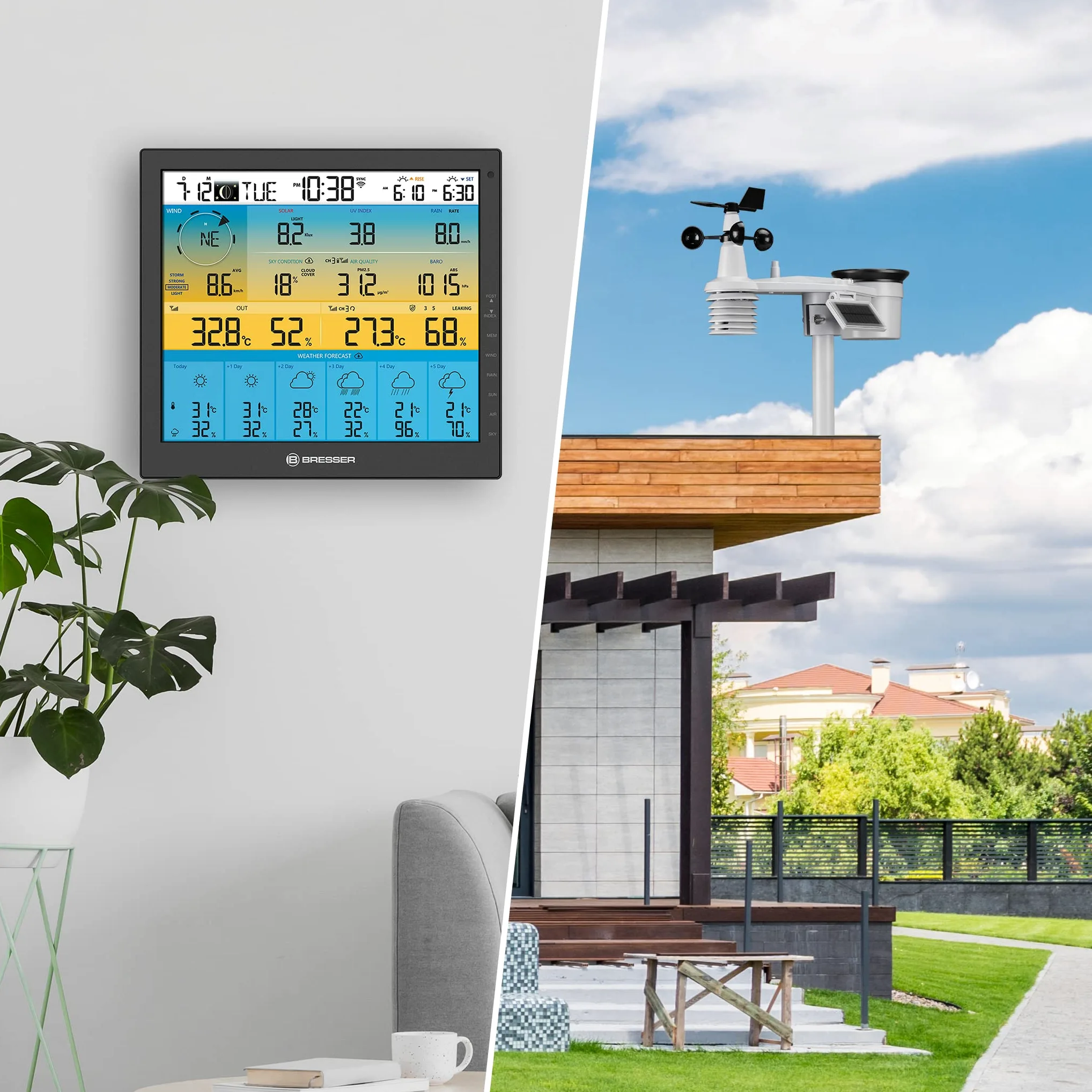 BRESSER WLAN 4CAST Station Météo sans Fil WiFi avec Capteur Extérieur 7 en 1 À L’énergie Solaire avec Prévisions Météo À 6 Jours et D’Autres Données Météo Noir