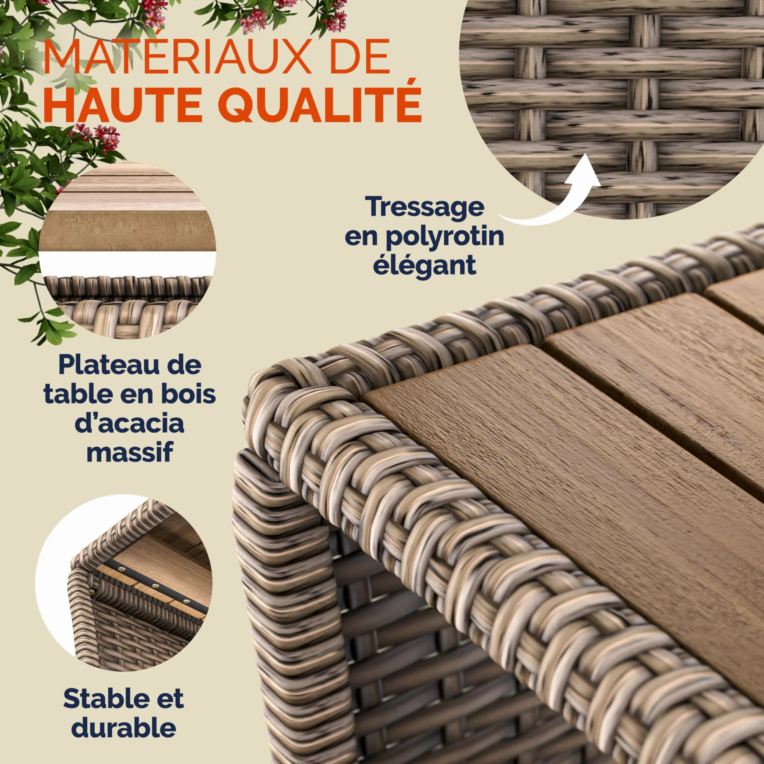 Casaria® Table d'appoint en polyrotin 45x45x40cm crème Plateau en Bois d'acacia Petite Table Basse Jardin Balcon