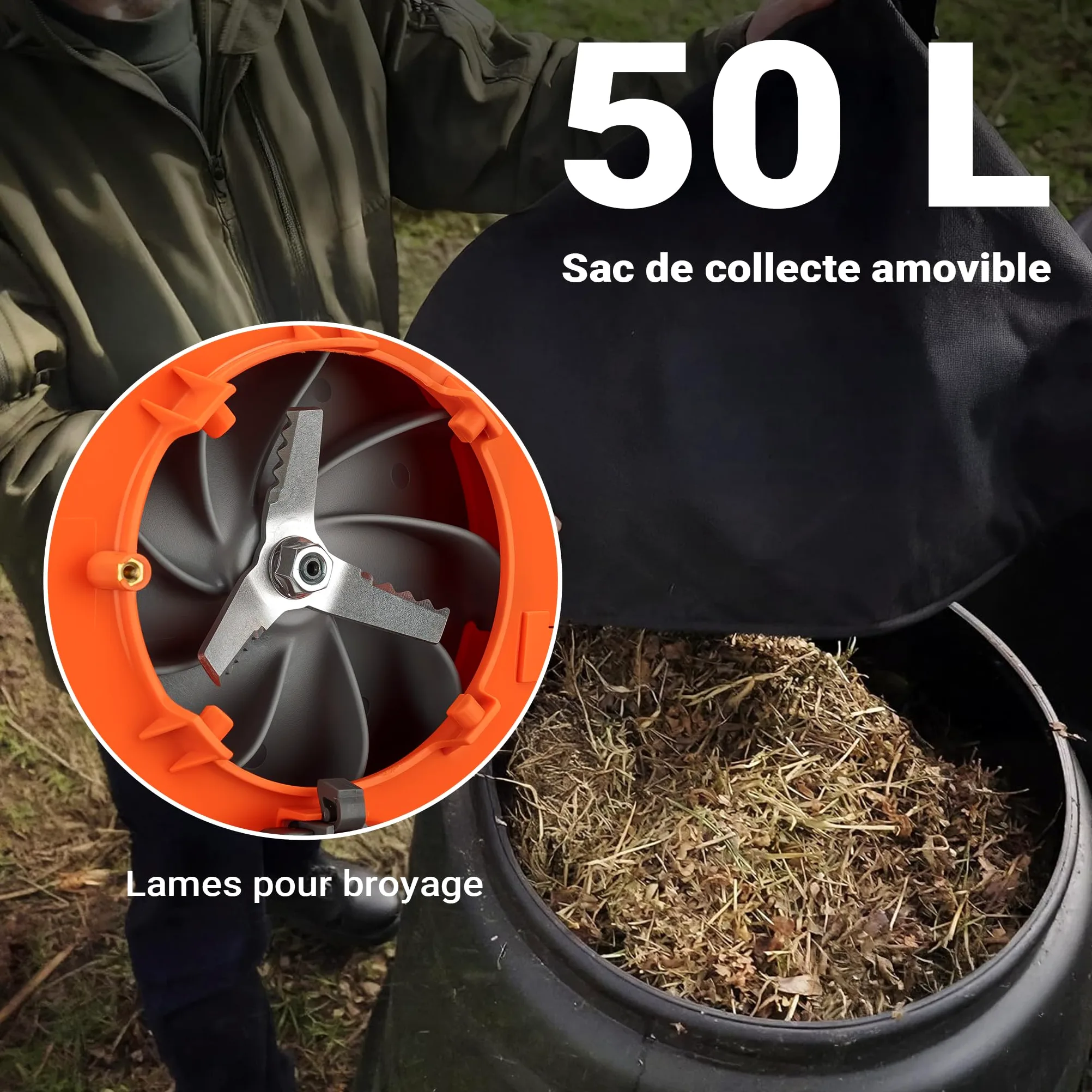 Wiltec Outil Multifonction 3 en 1 – 580 x 290 x 390 mm – Essence 0,5 l – 0,75 KW 1 CV – Sac collecteur 50 l – Aspirateur Souffleur de Feuilles mortes & Broyeur végétaux – Jardinage