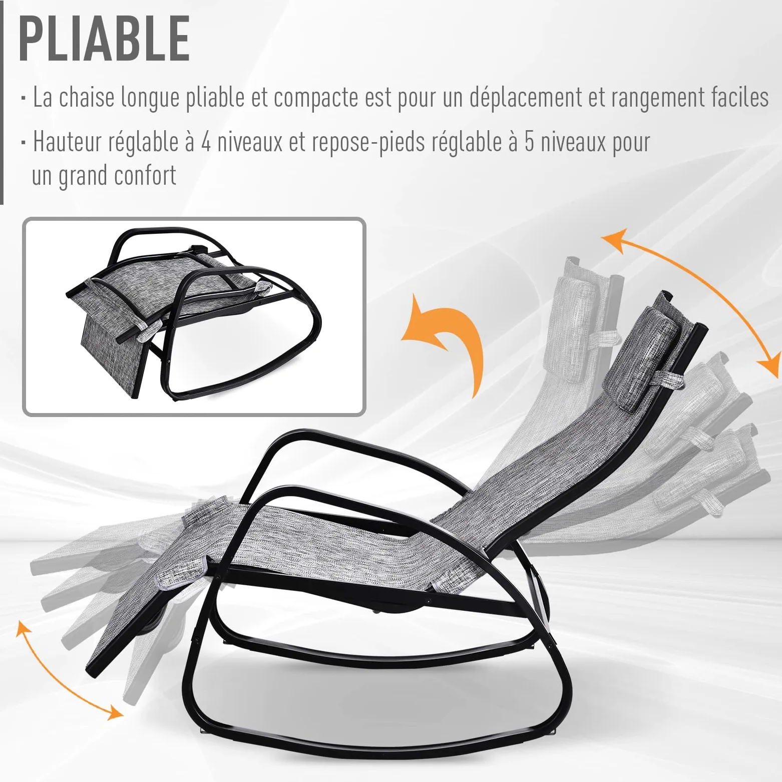 Outsunny Fauteuil à Bascule Dossier inclinable réglable Chaise Longue Pliable dim. 64L x 94l x 108H cm métal époxy Noir textilène Gris chiné
