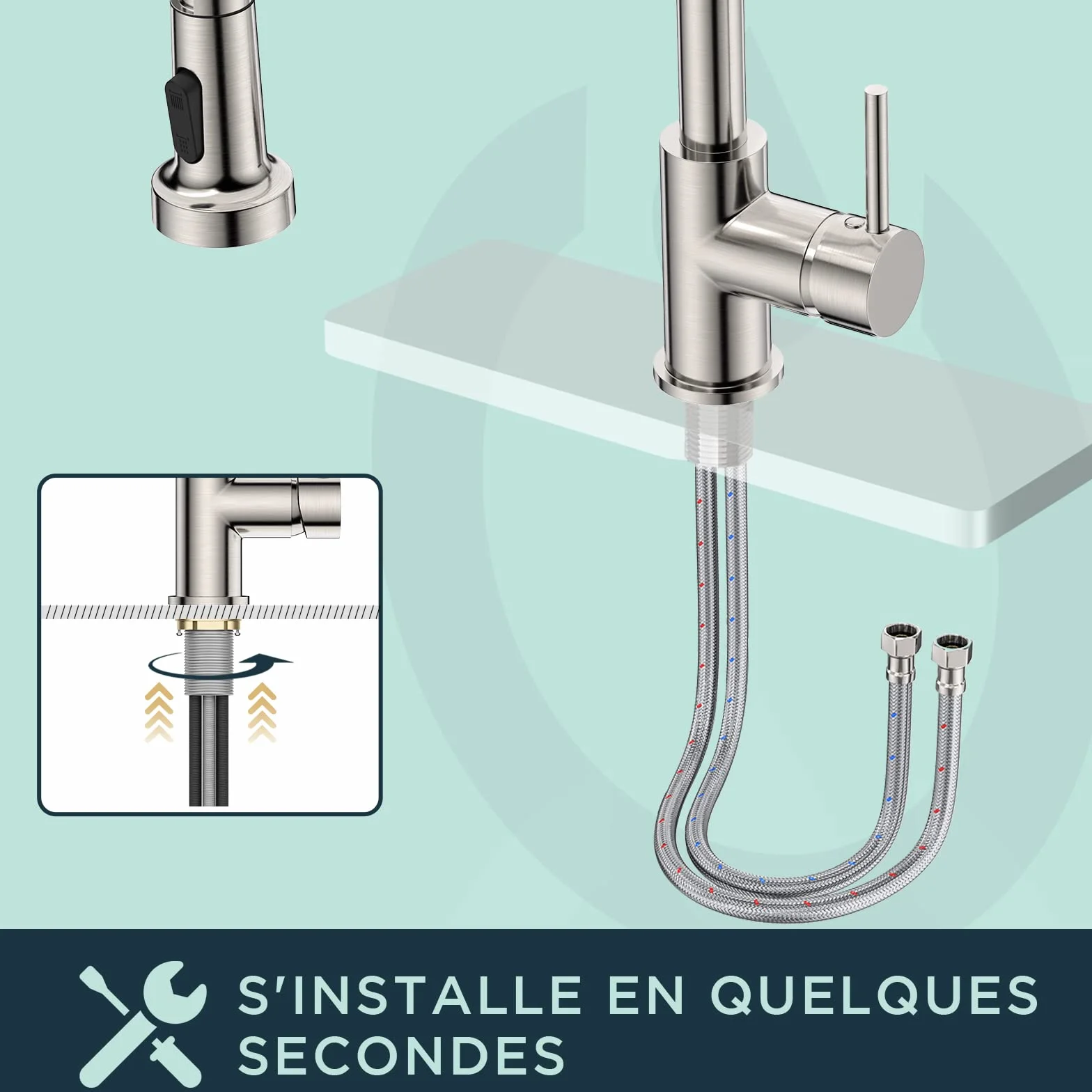 FORIOUS Robinet Cuisine Mitigeur Avec Douchette Pivotant 360° Évier Arc Élevé Pulvérisateur Escamotable 2 Modes Acier Inoxydable