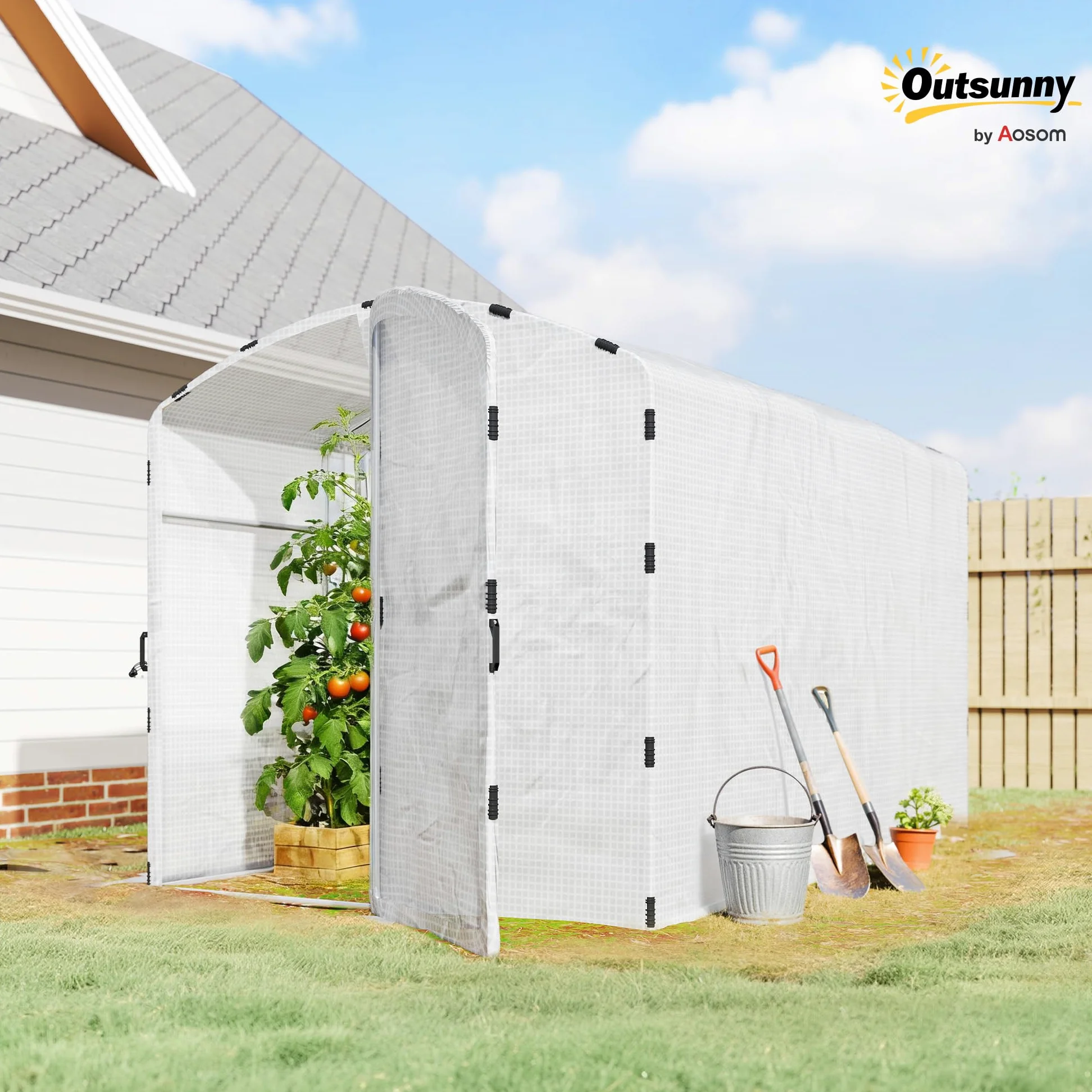 Outsunny Serre Tunnel de Jardin 6m², Serre de Jardin Tunnel 300x200x195cm bâche PE 220g/m², Bords prolongés 50 cm, avec Porte, pour extérieur, Toutes Saisons, légumes, Fruits, Fleurs, Blanc