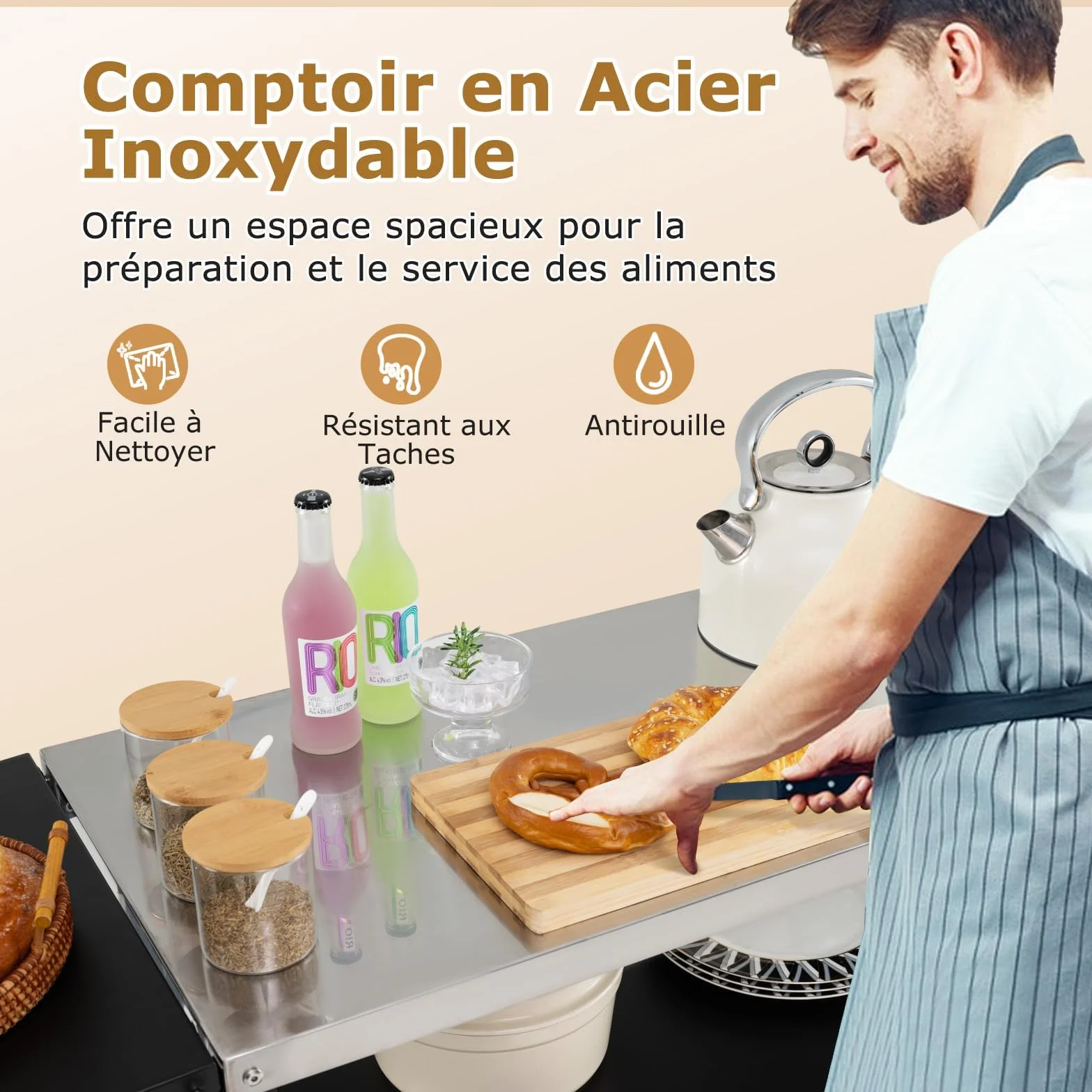 GOPLUS Desserte Jardin 3 Niveaux avec Plan de Travail Pliant, Porte-Serviettes, 6 Crochets, Mobile Préparation Exterieur, Charge 100KG