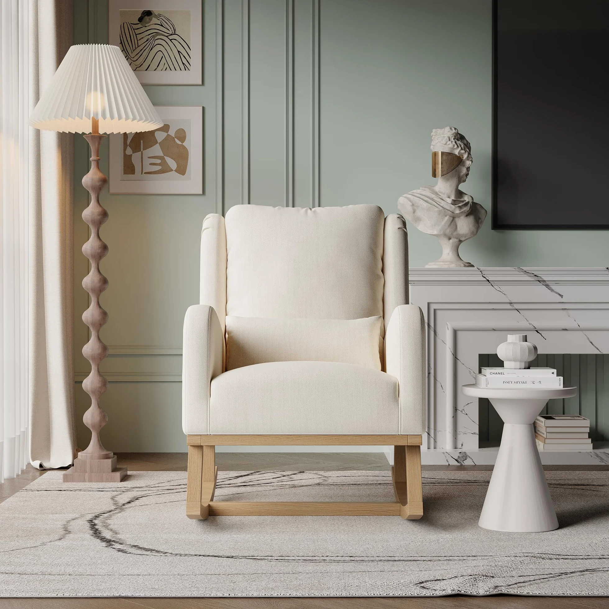 Fauteuil à Bascule,Chaise à Bascule Bois Rocking Chair Exterieur avec Dossier Fauteuil Allaitement pour Chambre à Coucher Salon Balcon (Lin, Beige)