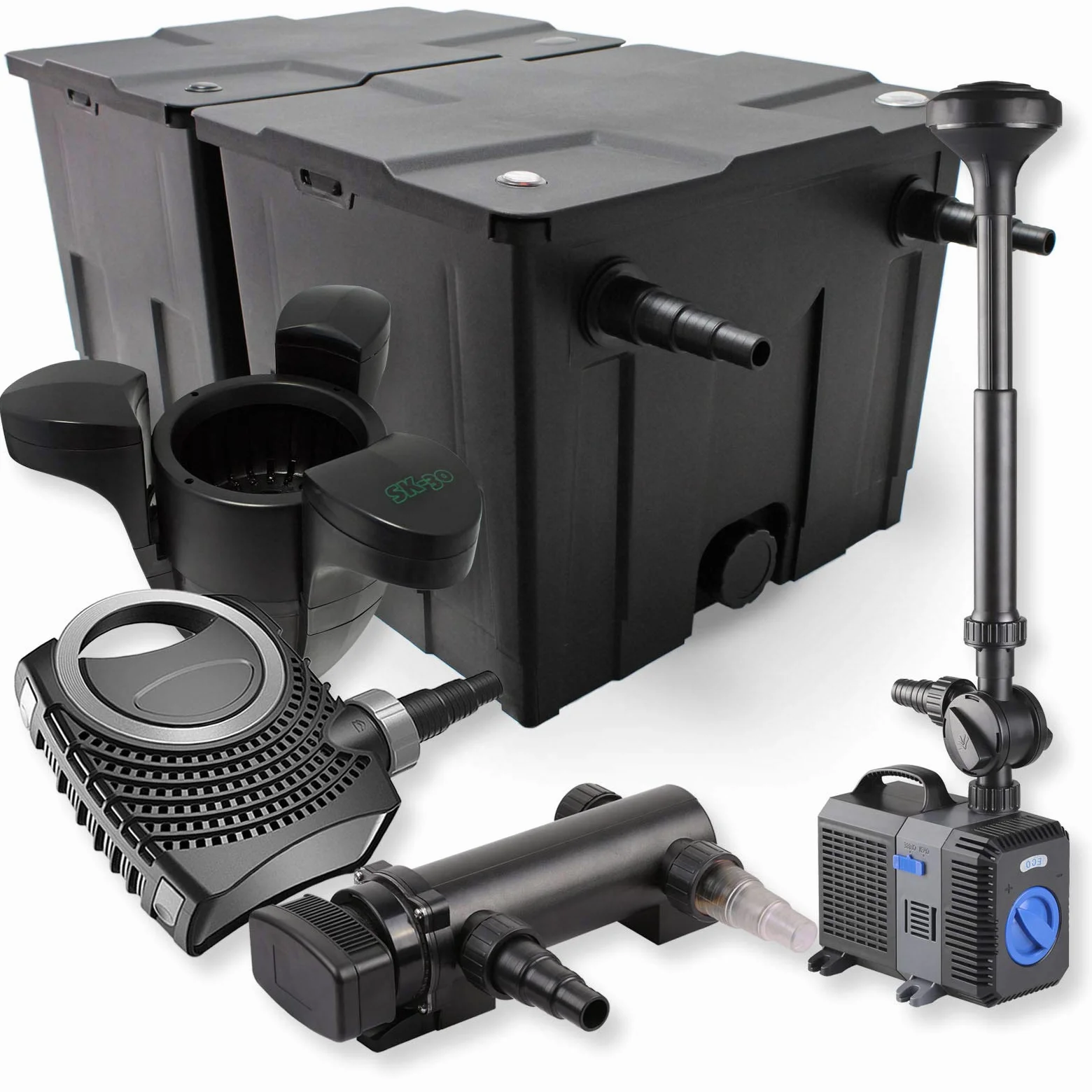 SunSun Kit complet: CBF-350B Filtre de bassin jusqu'à 60000 L Biologique, NEO7000 pompe de filtration 7000l/h 50W, CUV-318 lampe uv UVC Clarificateur avec 18W, CTP-2803 Pompe pour fontaine 3000l/h 10W