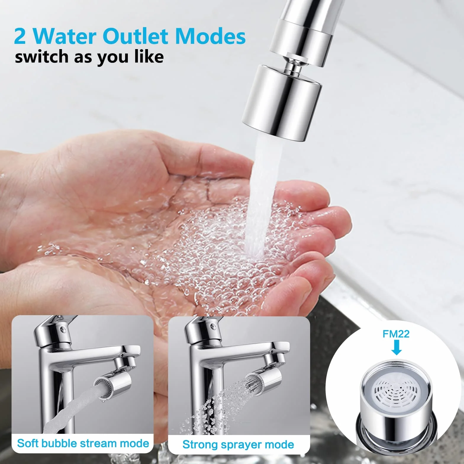 Aérateur de Robinet 360° Pivotant Mousseur 2 Modes Anti-éclaboussures pour Évier Cuisine Salle de Bain FM22
