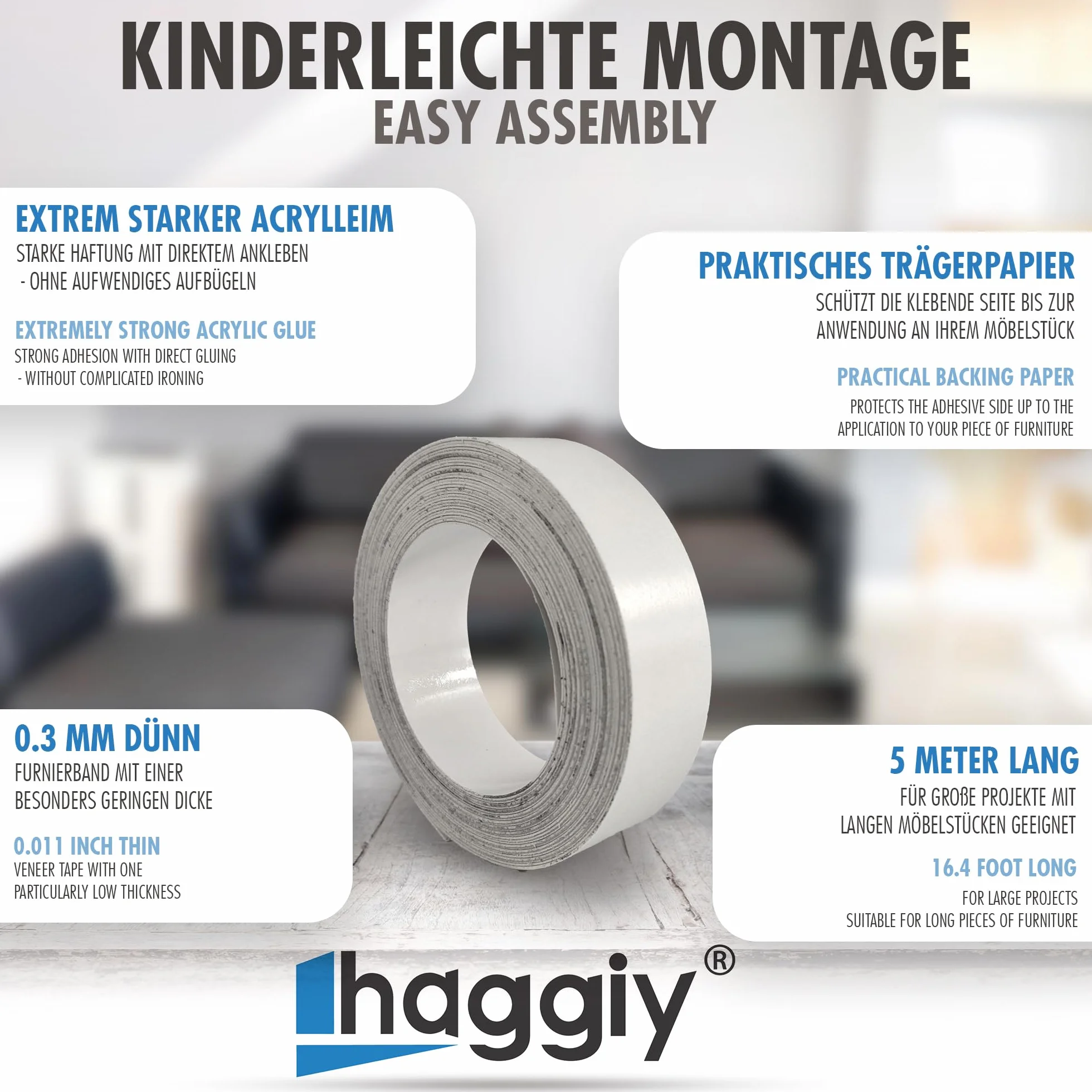 haggiy Ruban de Chant en mélamine Autocollant 18 mm x 5 m pour Meubles Blanc