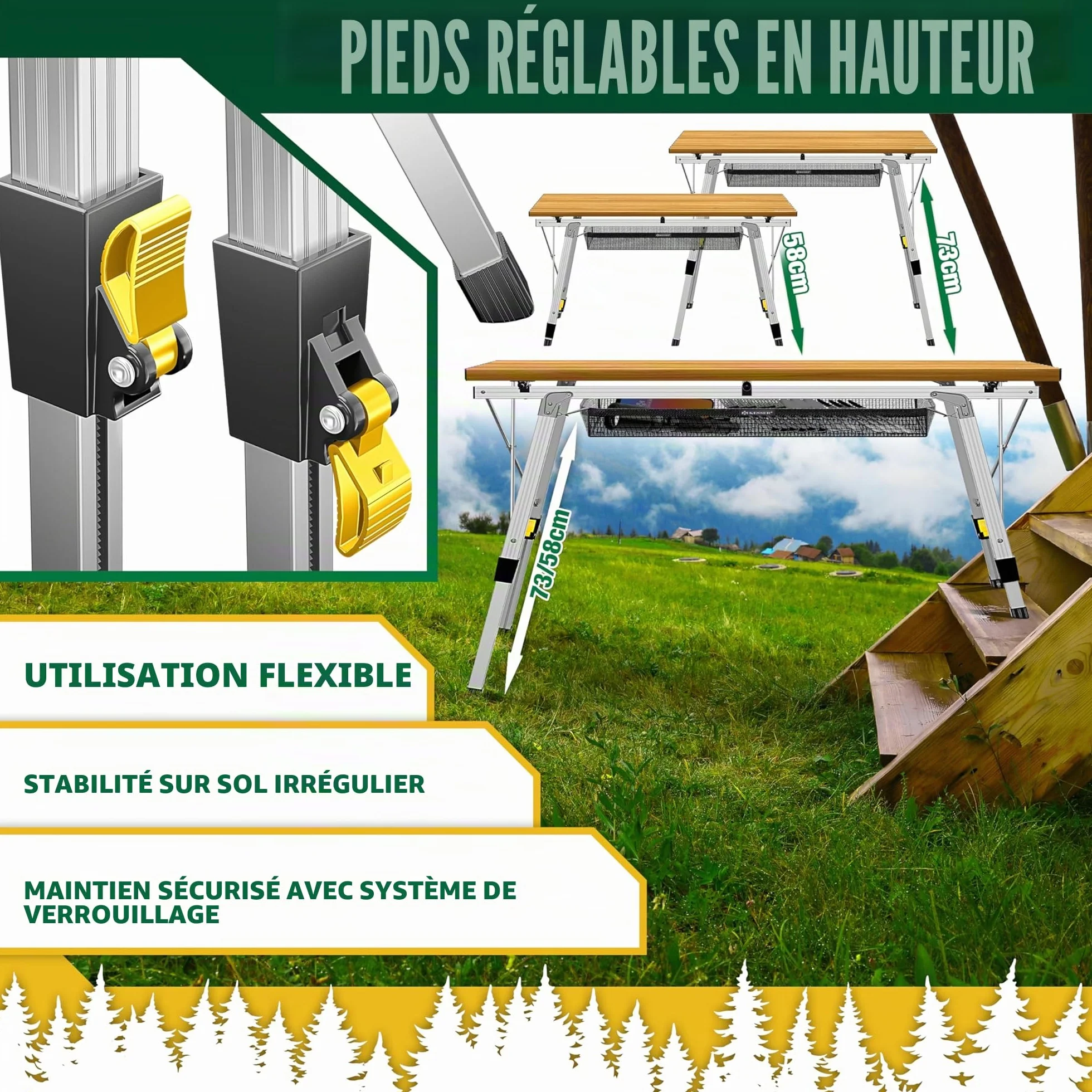 KESSER Table de camping pliable aluminium 120x70 cm réglable 100 kg avec sac de transport