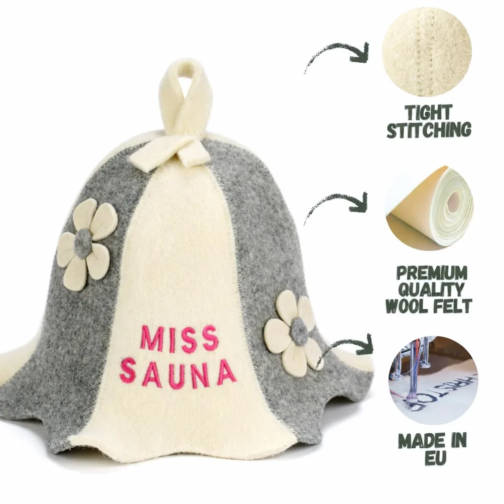Chapeau de Sauna Miss Sauna Flowers Blanc/Gris 100% Feutre de Laine Biologique