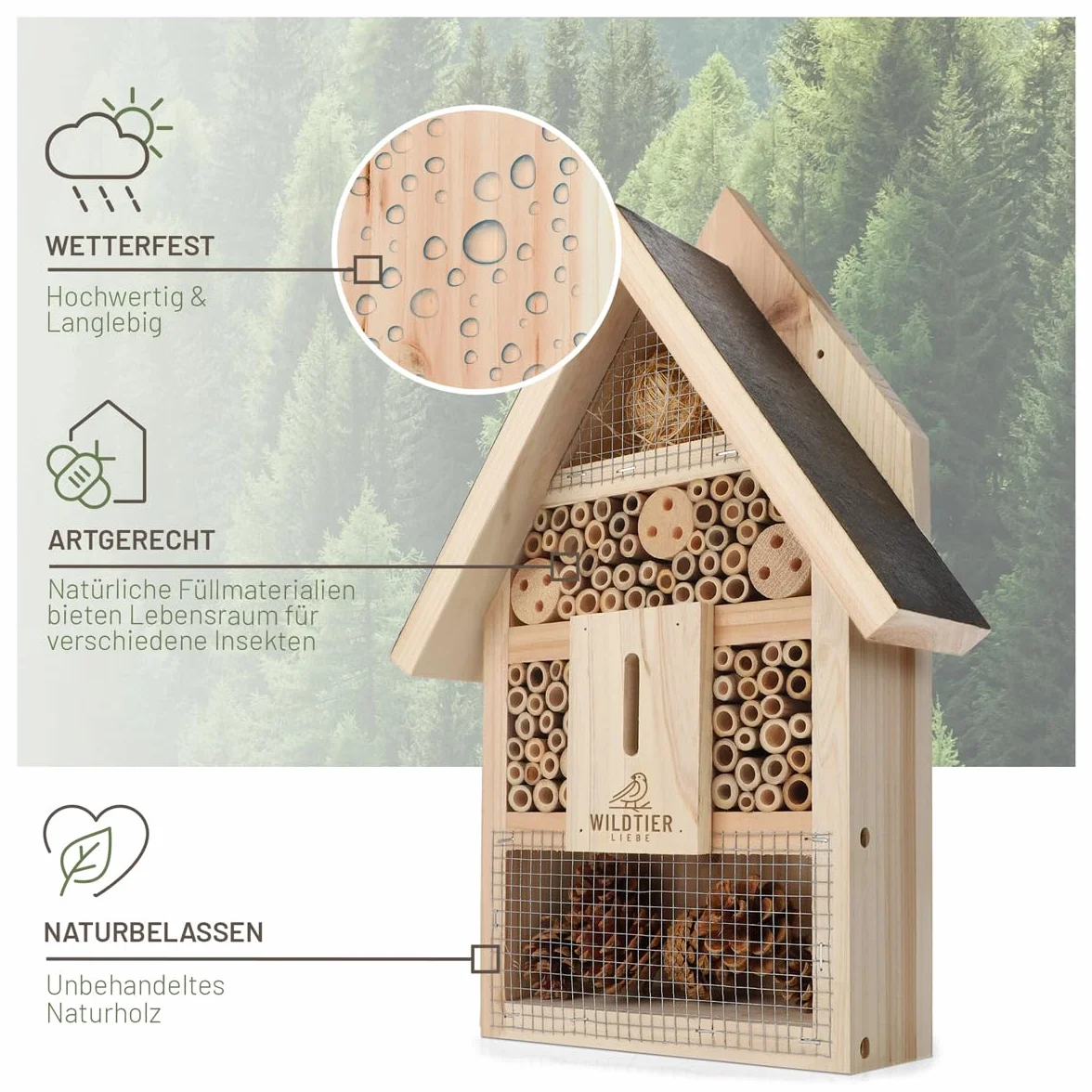 wildtier liebe Hôtel à insectes - Grand hôtel à abeilles non traité avec appât - En bois massif vissé - Maison à insectes pour abeilles, coccinelles et papillons