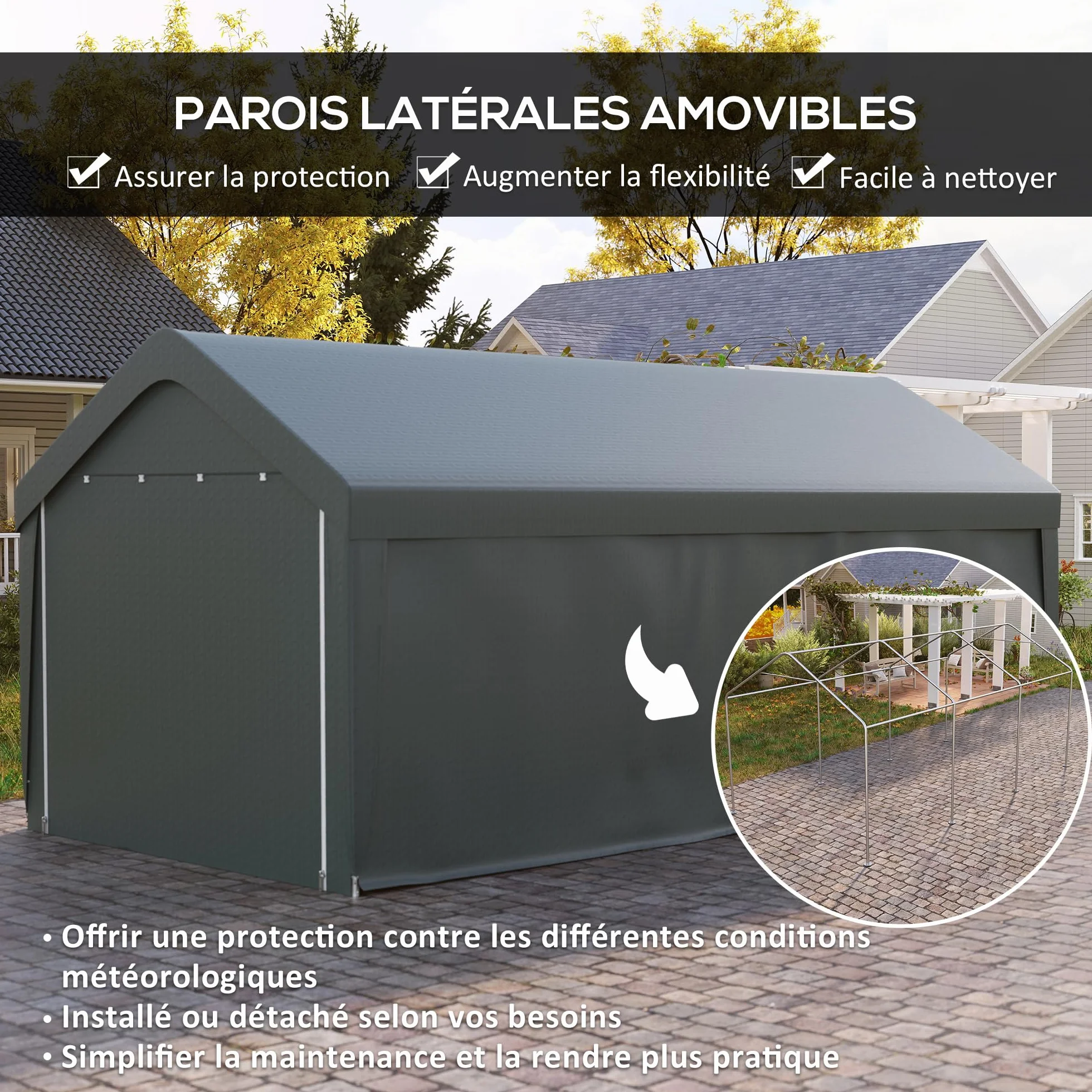 Outsunny Carport Tente de Garage 3 x 6 m, abri Voiture extérieur, Tente de Stockage avec parois latérales Amovibles et 2 Portes zippées enroulables, carport pour Voiture, Camion, Bateau, Gris foncé