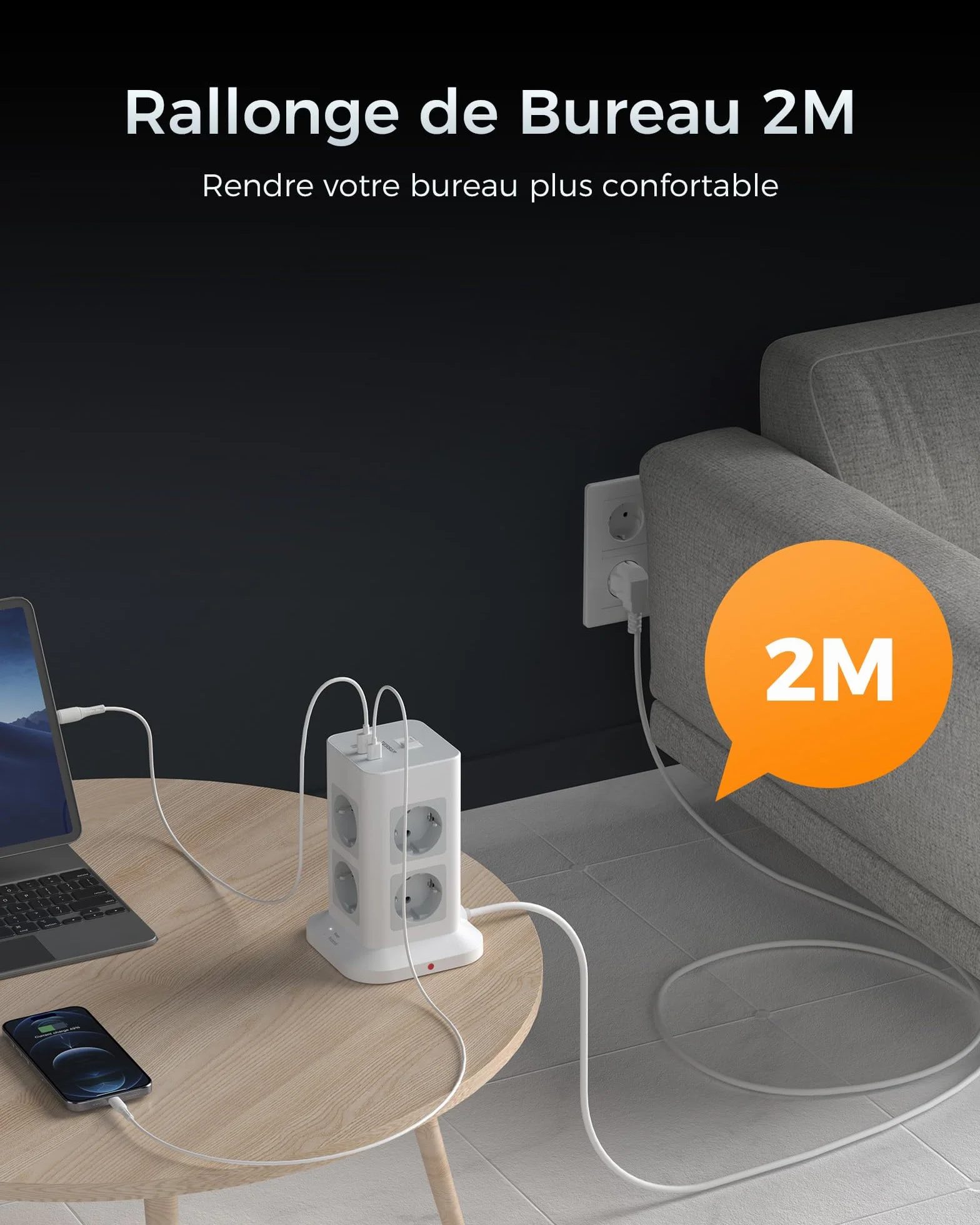 TESSAN 11 en 1 Multiprise avec Interrupteur, 8 Prises AC 3 USB, Parafoudre 3600W Rallonge 2M, Gris