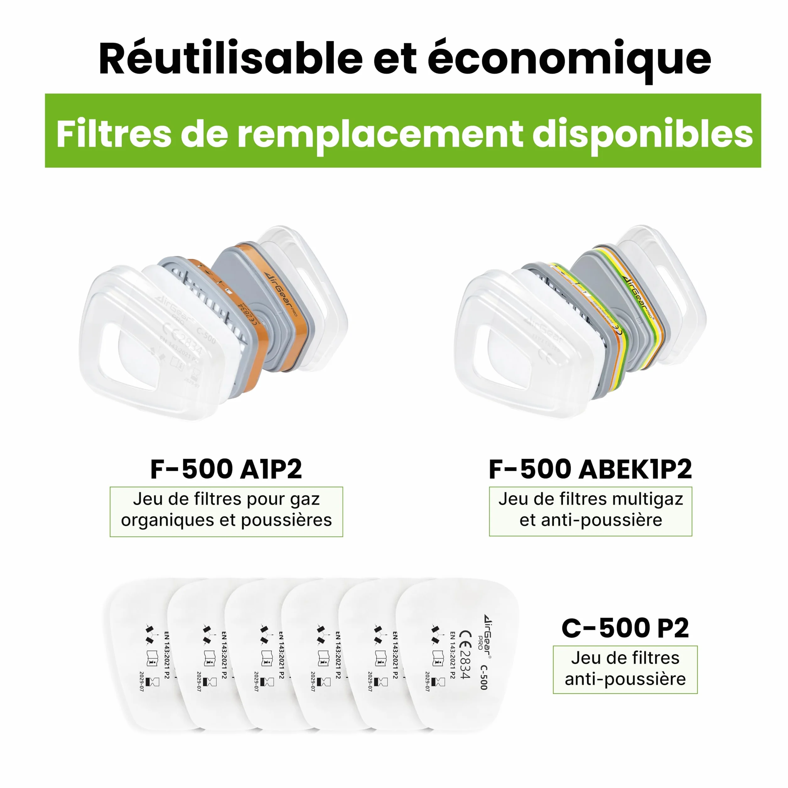 AirGearPro G-500 Masque de Protection Respiratoire Réutilisable Anti poussière Gaz avec Filtres et Lunettes de Protection
