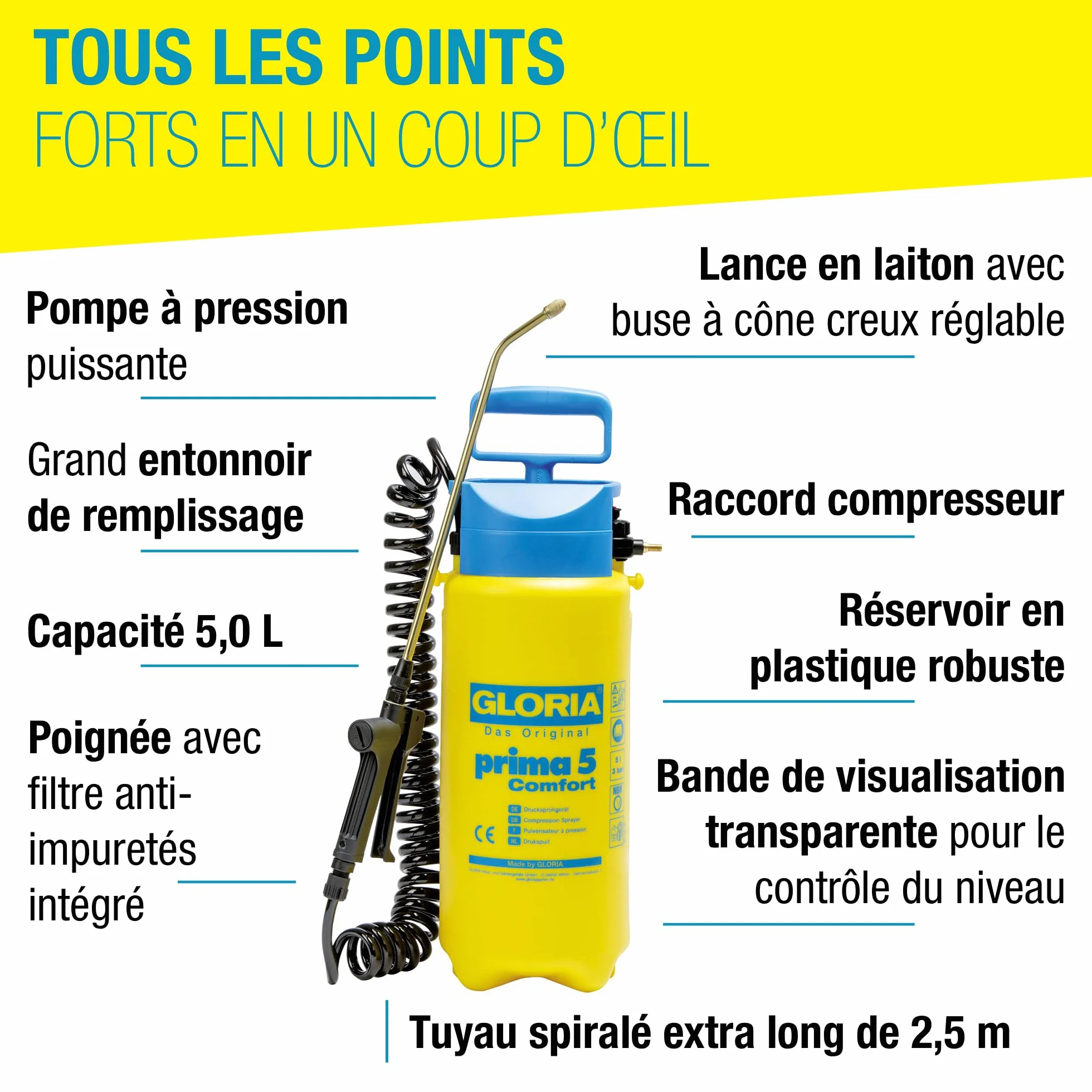 GLORIA Pulvérisateur de Jardin Prima 5 Comfort | Pulvérisateur à Pression 5 L | Tuyau spiralé 2,5 m & raccord compresseur | Désherbage, traitements & Engrais