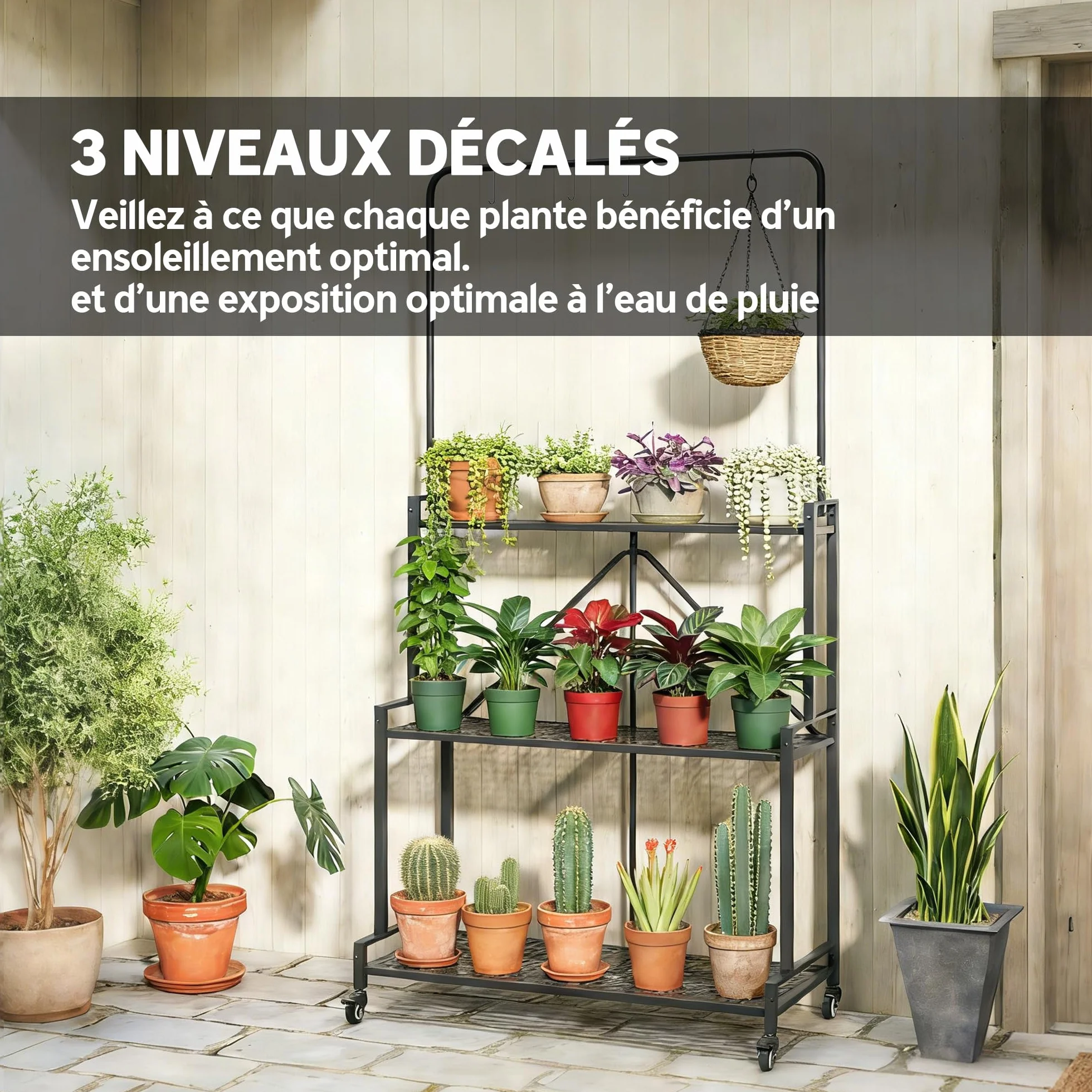 Outsunny Étagère à Fleurs Pliable Métal 3 Niveaux avec Roulettes et 4 Crochets Intérieur Extérieur Noir