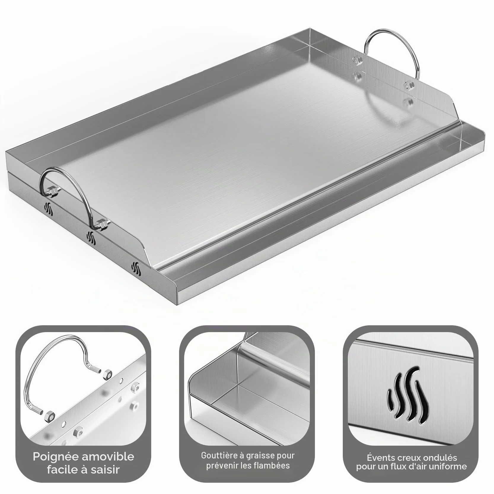 Onlyfire Grande Plaque Plancha en Inox 63.7 x 40.5 cm pour Barbecue Gaz Charbon