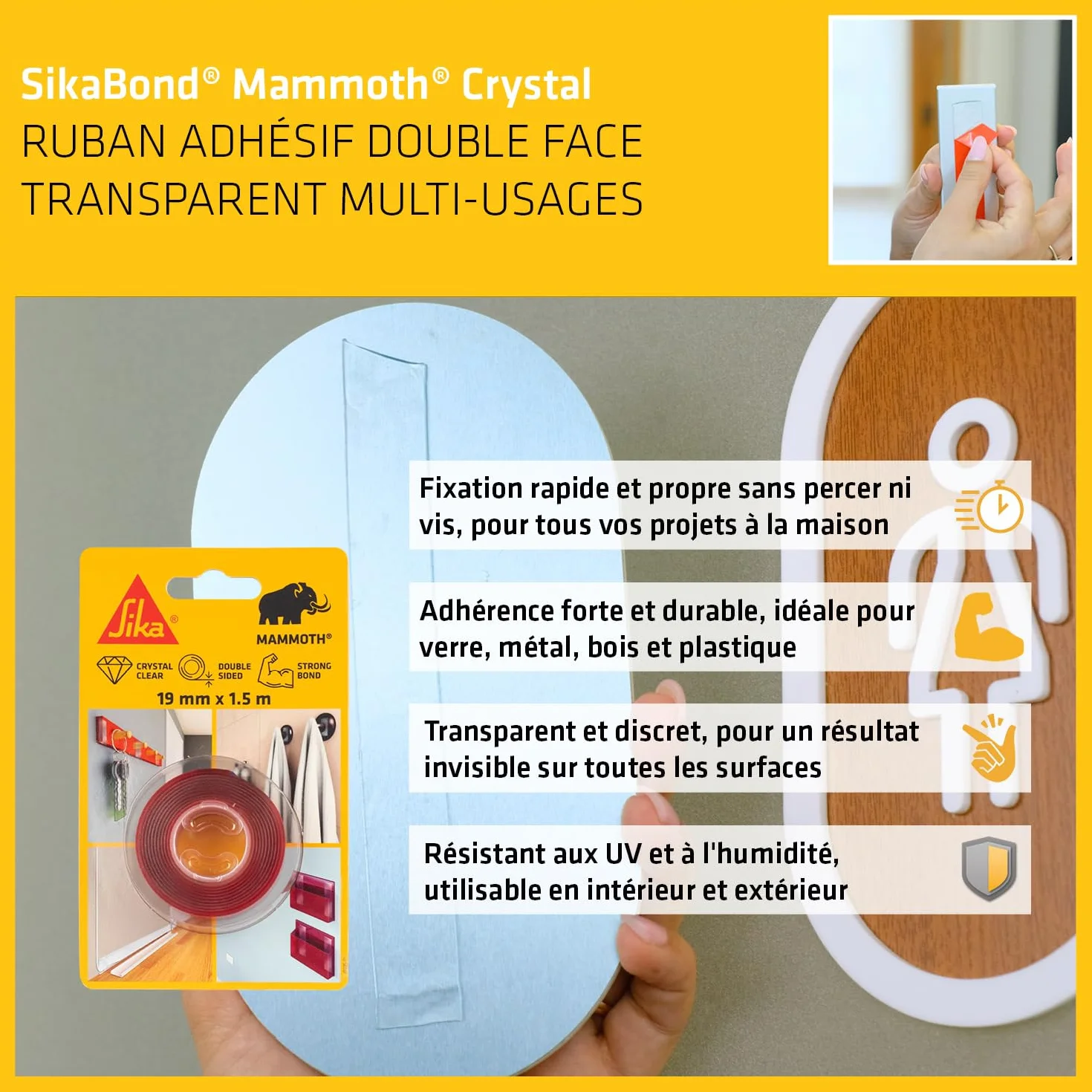 Sika SikaBond Mammoth Crystal Ruban adhésif double face extra fort transparent 1.5m