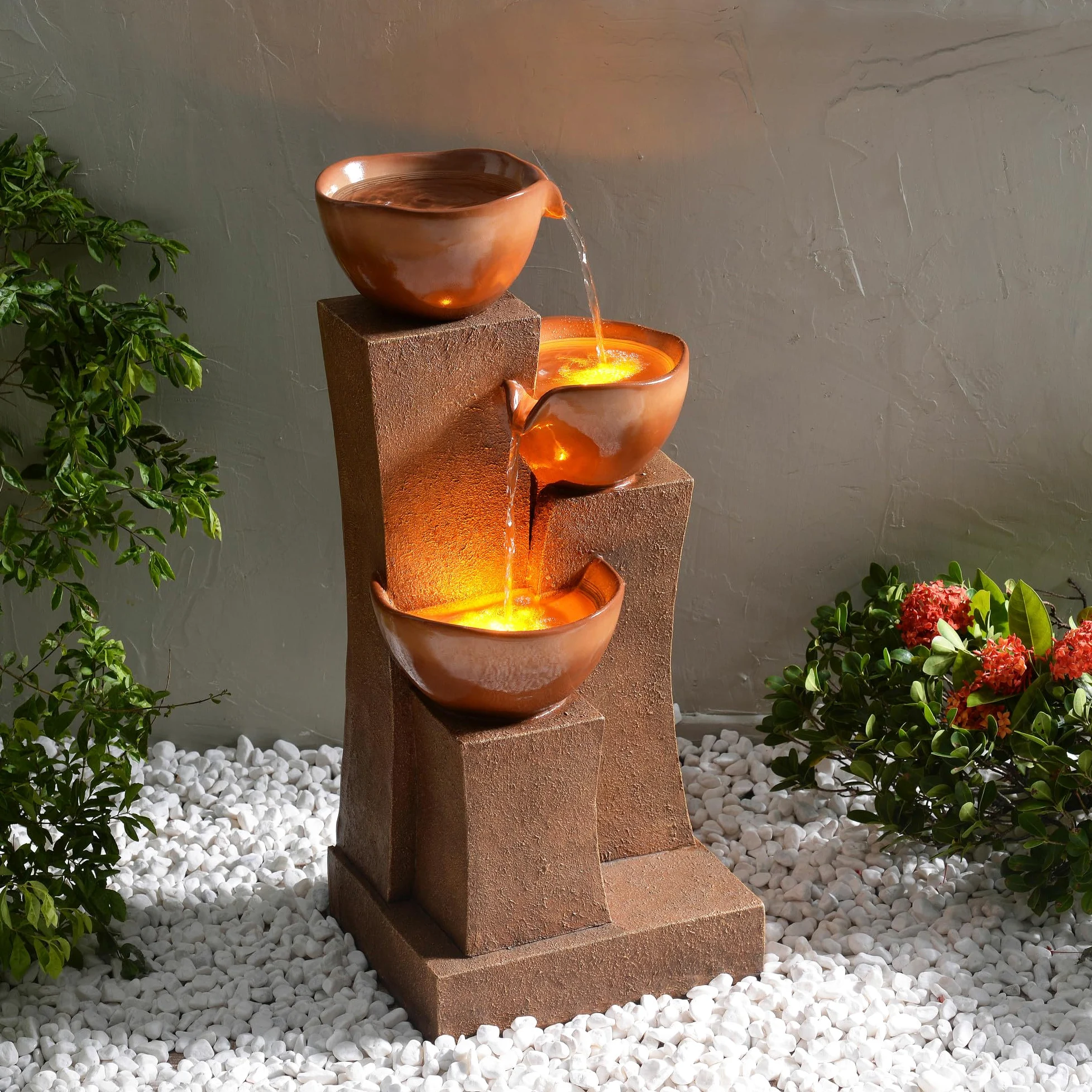 Teamson Home Fontaine d'eau extérieure à 3 étages de 28,54 pouces avec lumières LED, marron, Teamson Home