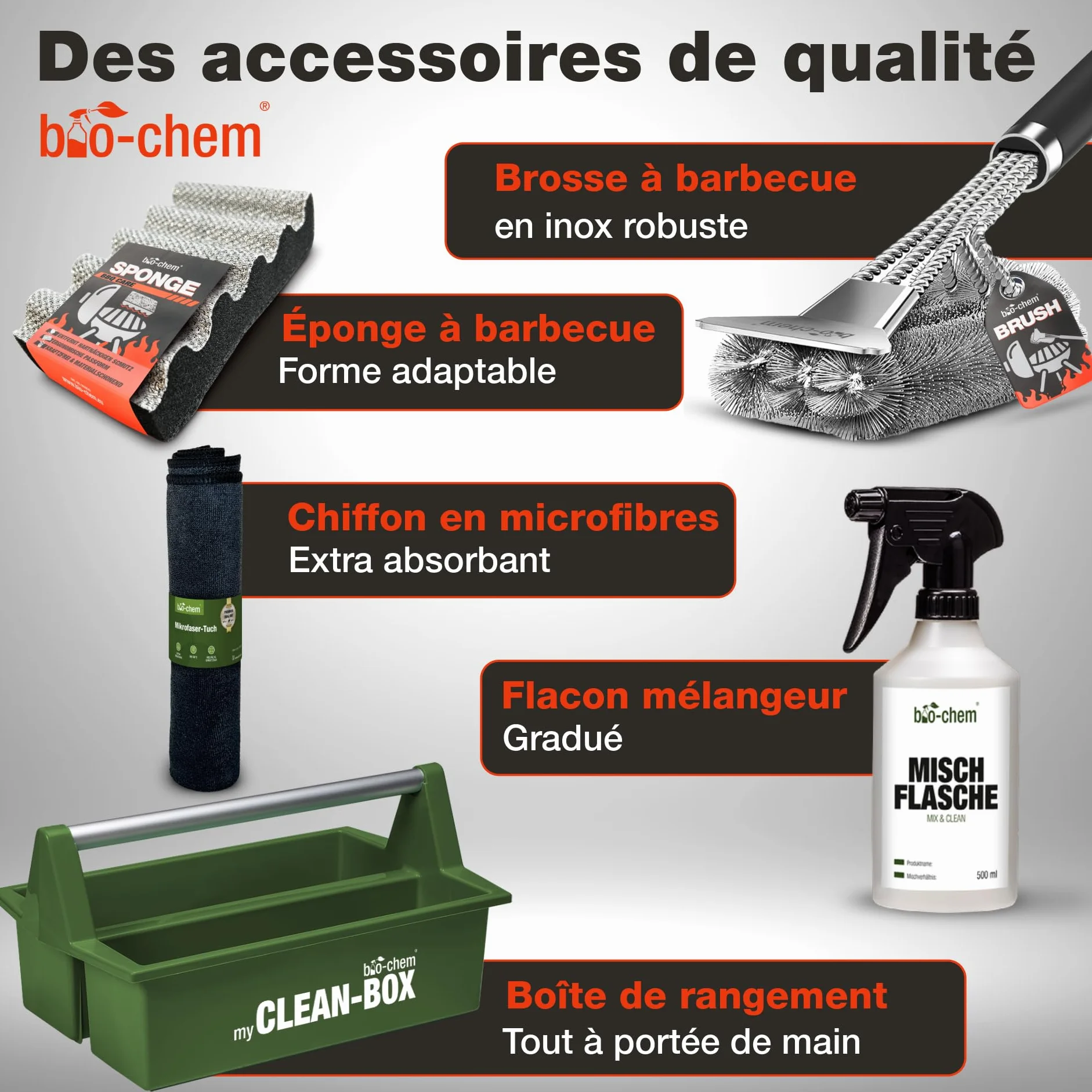 Kit nettoyage barbecue 9 pcs - Décapant résine 0,5L - Nettoyant surfaces bbq 750ml - Produit entretien acier inox 750ml - Spray d’huile 200ml